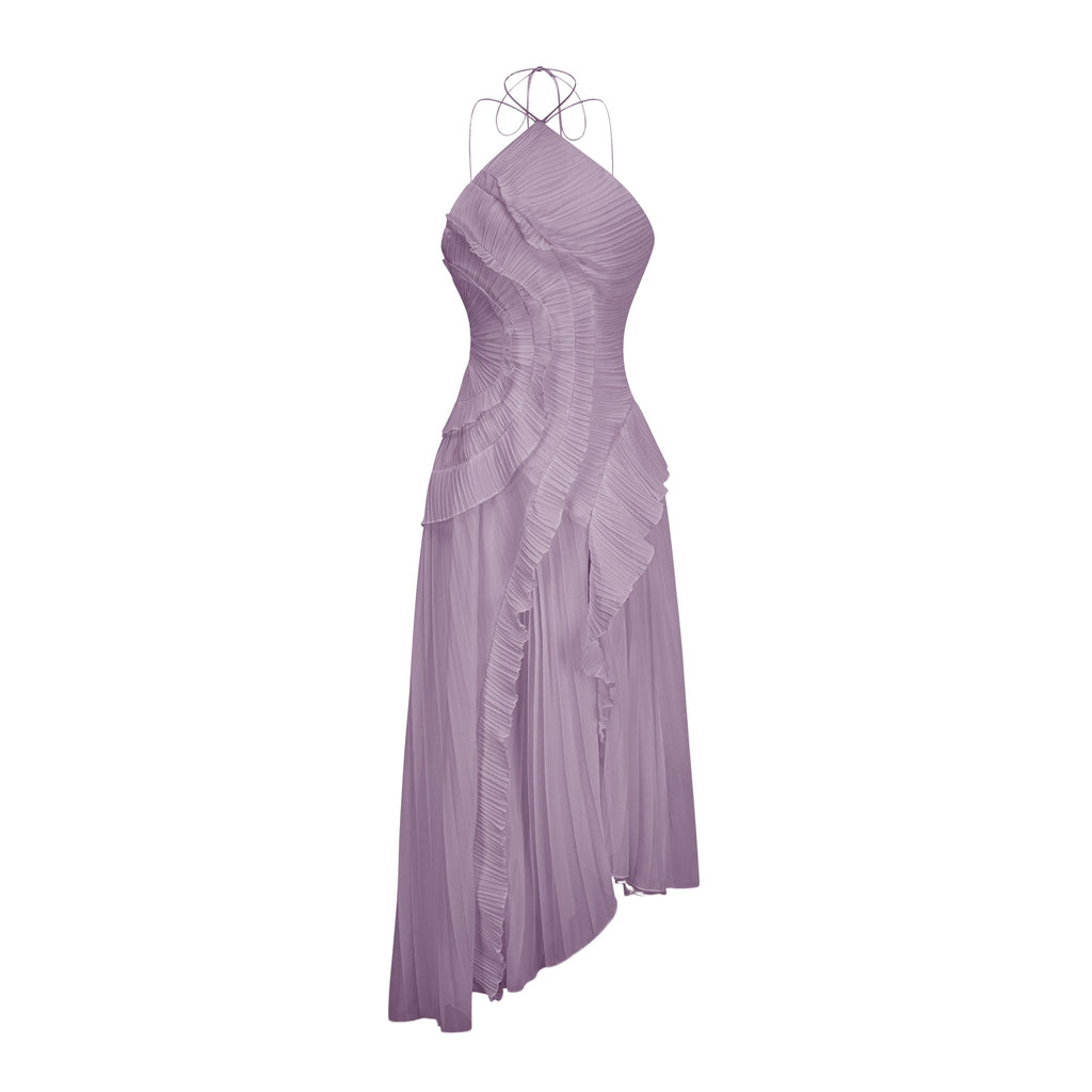 Doux Purple Ruffled Trim Pleated Midi Dress
