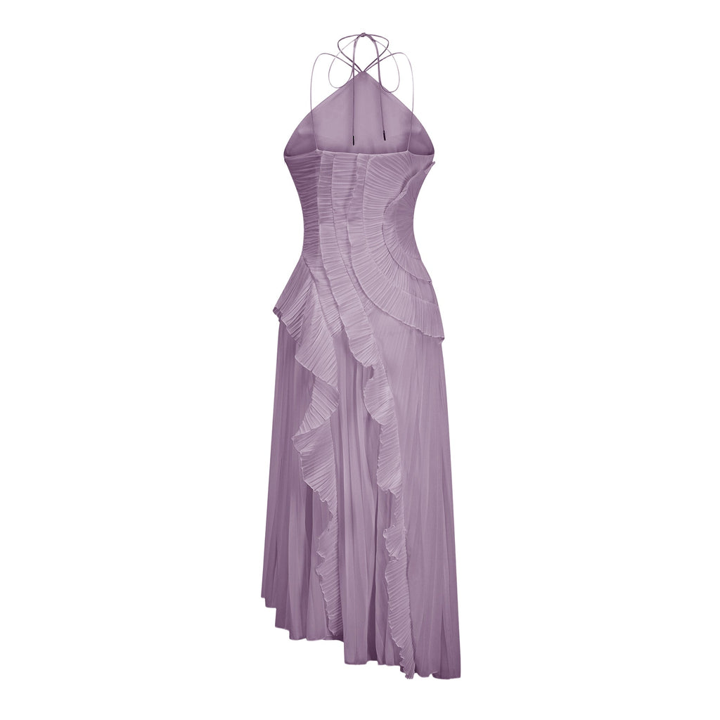 Doux Purple Ruffled Trim Pleated Midi Dress