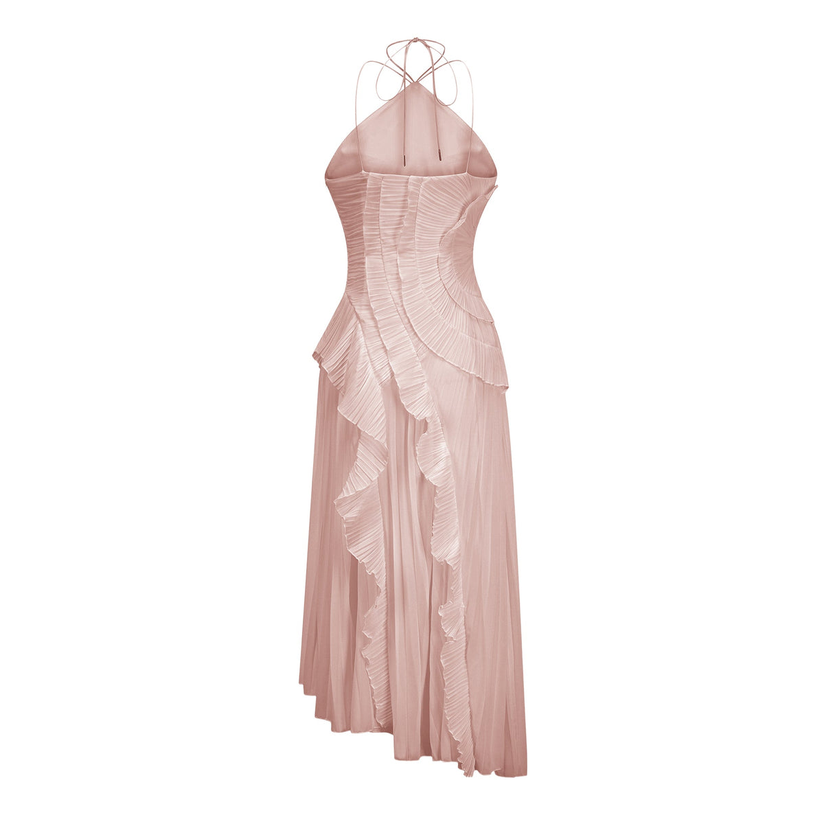 Doux Pink Ruffled Trim Pleated Midi Dress