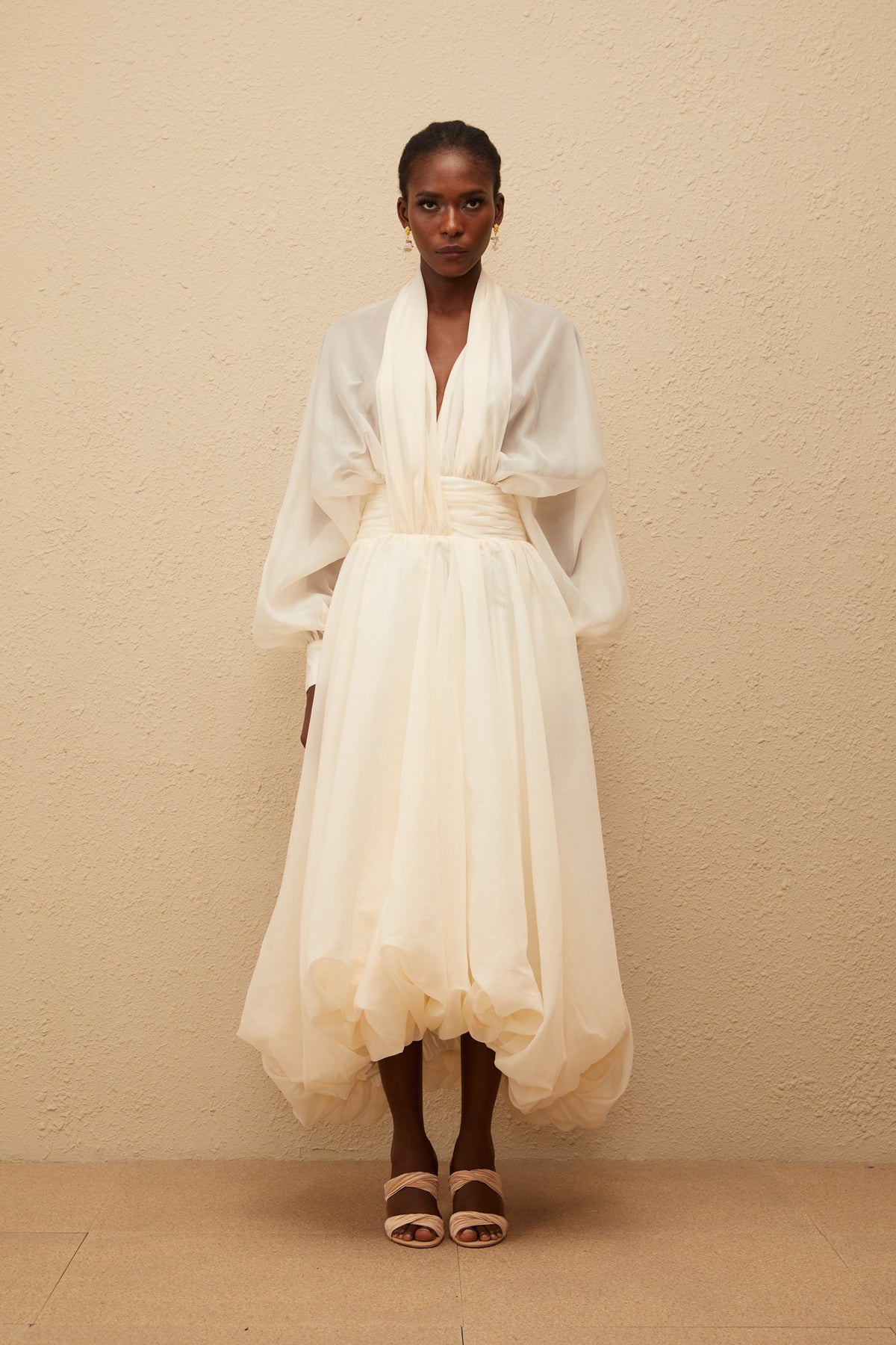 Riley Cream White Draped Tulle Maxi Dress