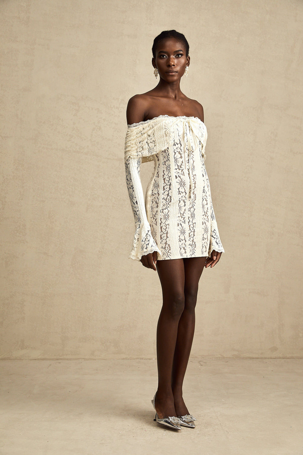 Émeline floral lace flared-cuff mini dress in Neutrals