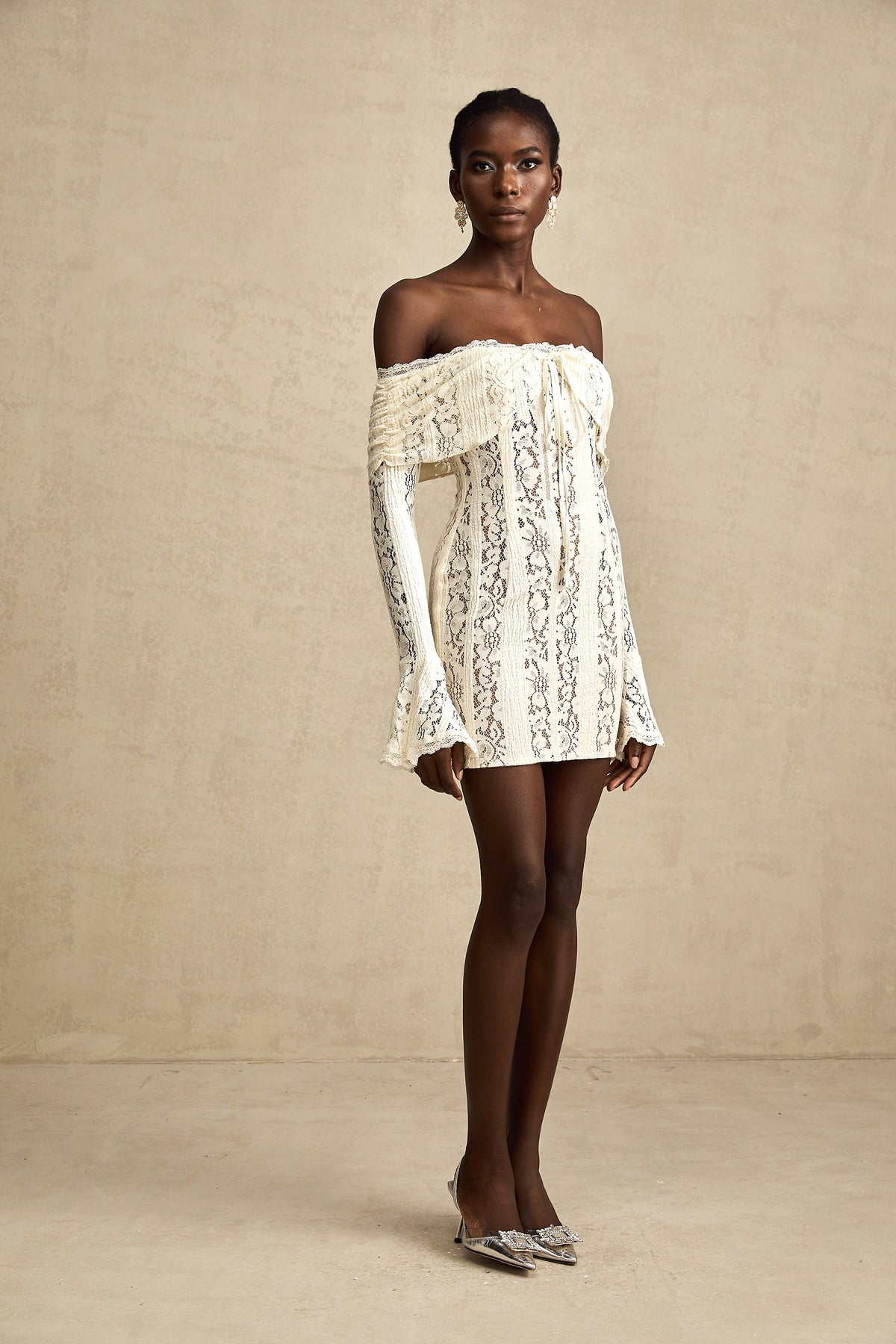 Émeline floral lace flared-cuff mini dress in Neutrals