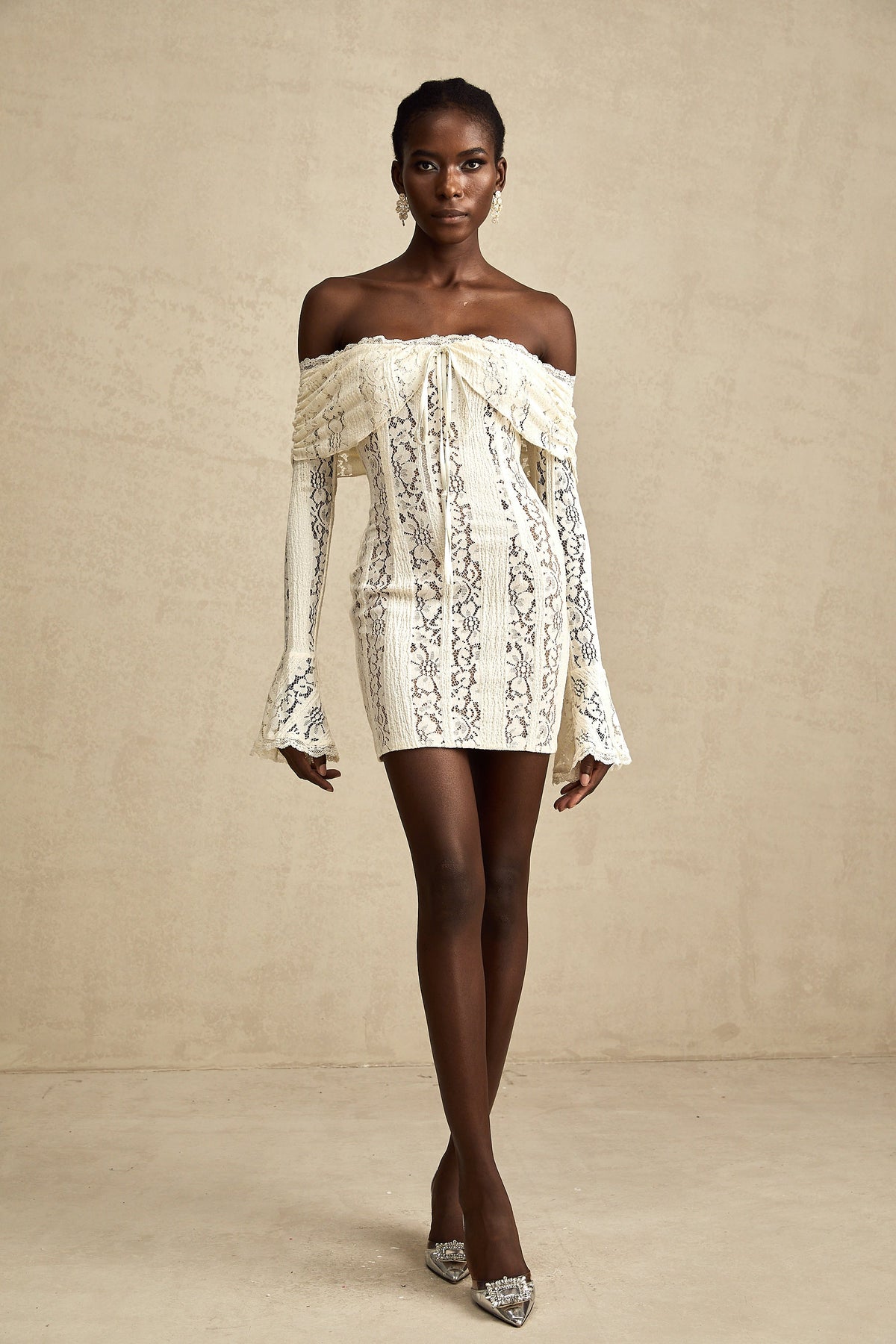 Émeline floral lace flared-cuff mini dress in Neutrals