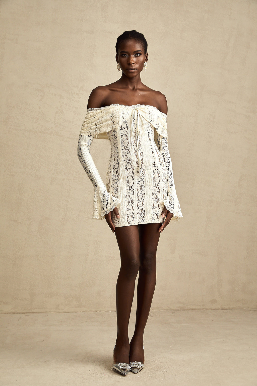 Émeline floral lace flared-cuff mini dress in Neutrals