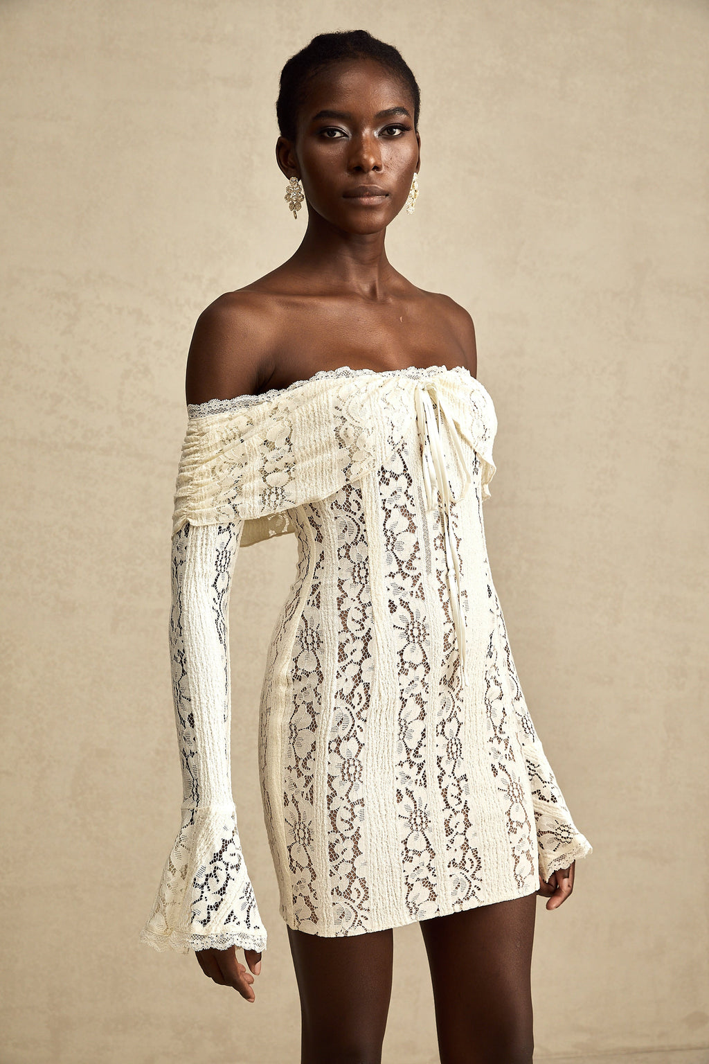 Émeline floral lace flared-cuff mini dress in Neutrals