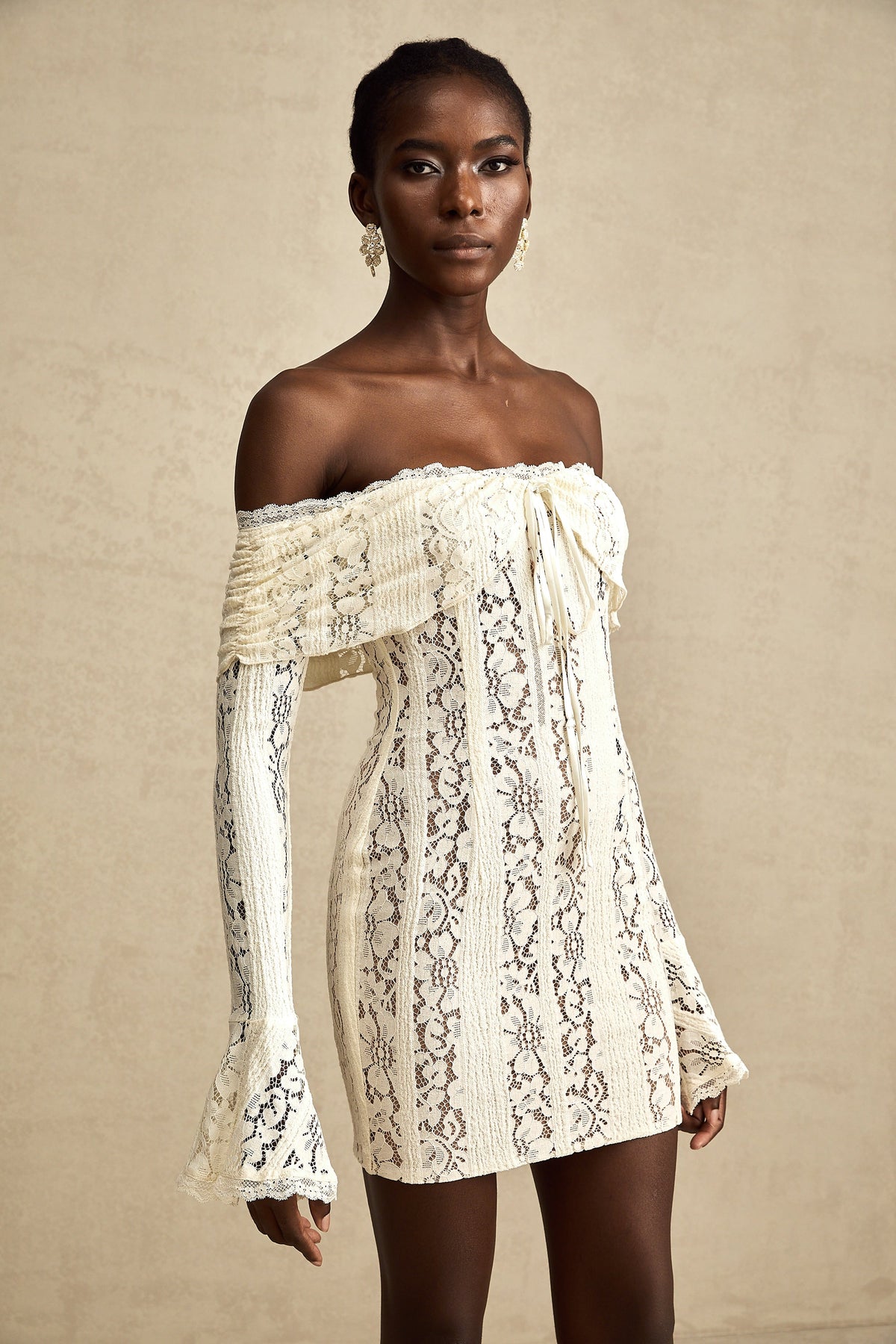 Émeline floral lace flared-cuff mini dress in Neutrals