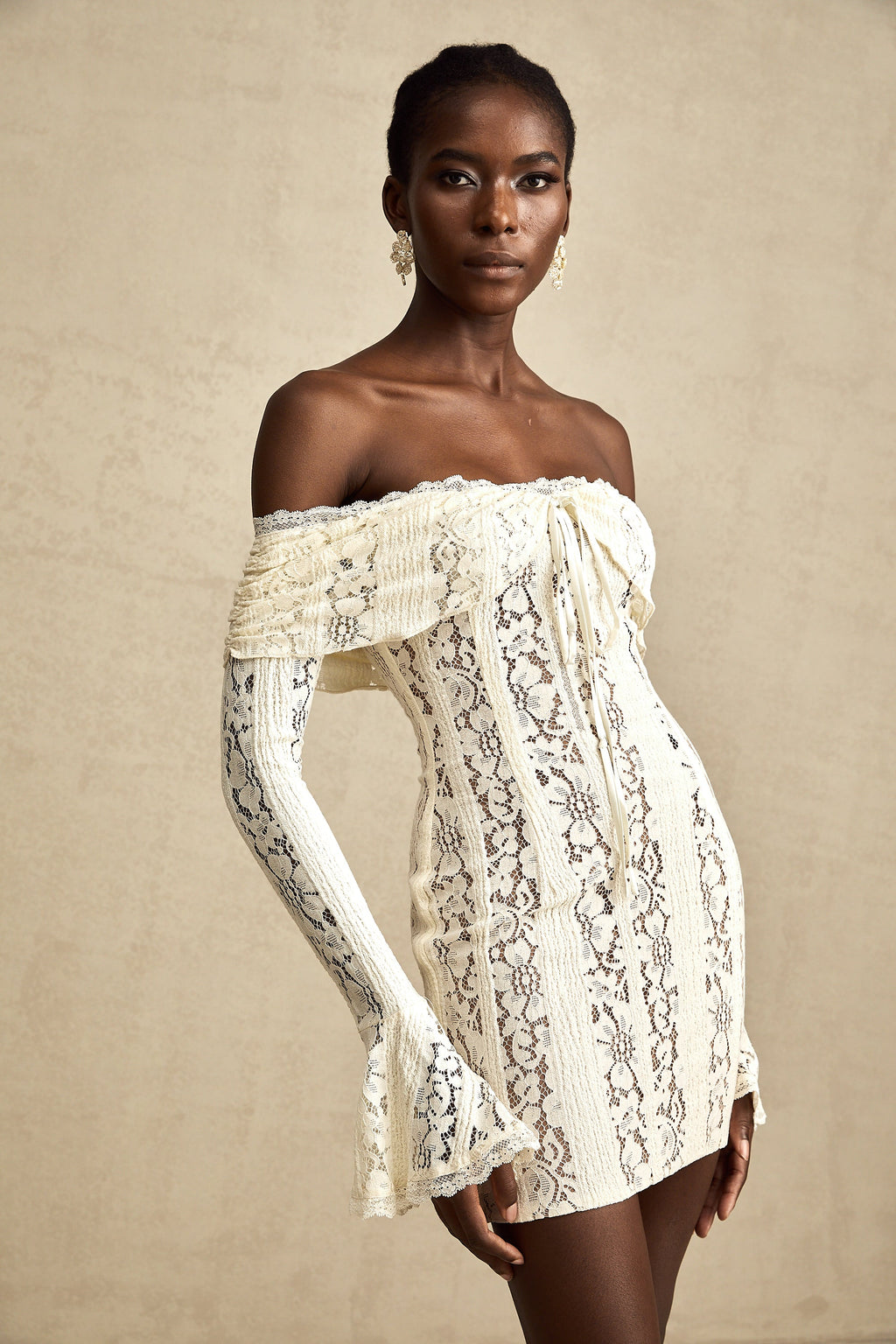 Émeline floral lace flared-cuff mini dress in Neutrals