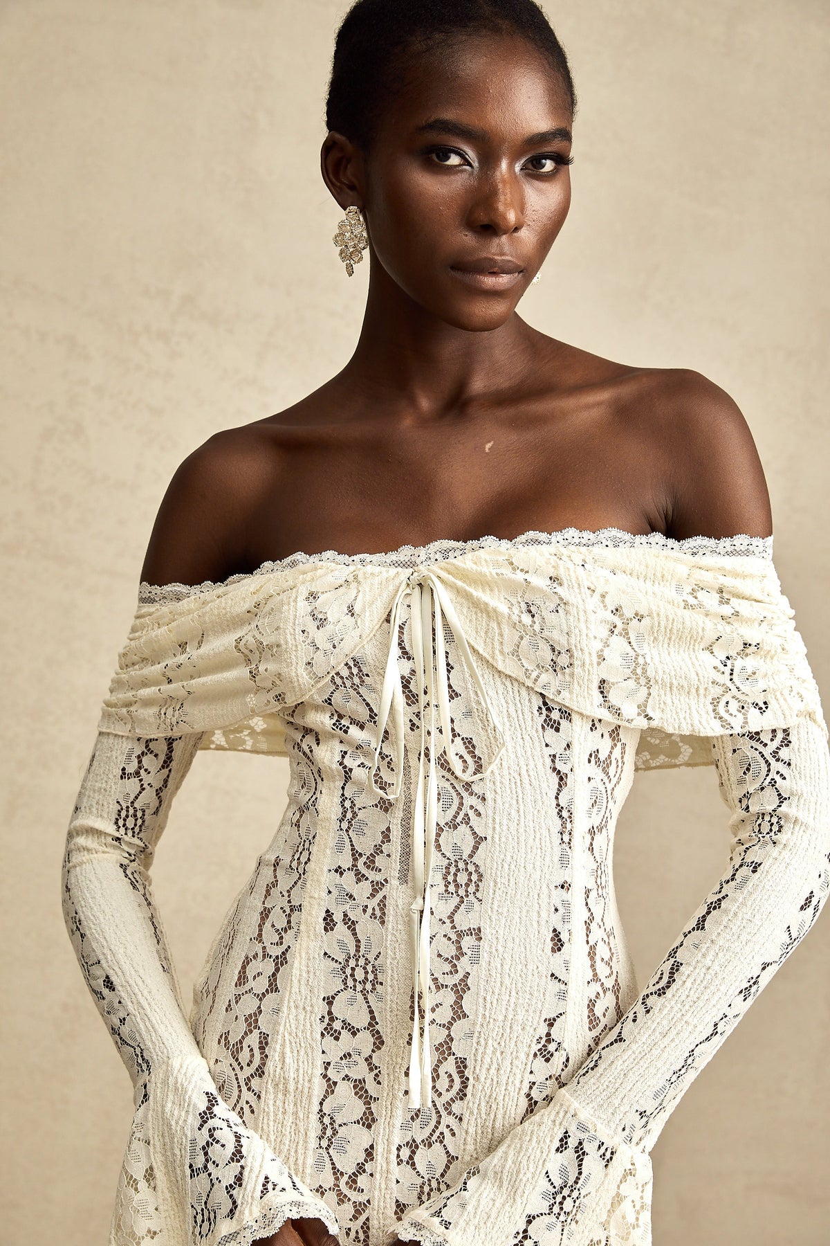 Émeline floral lace flared-cuff mini dress in Neutrals