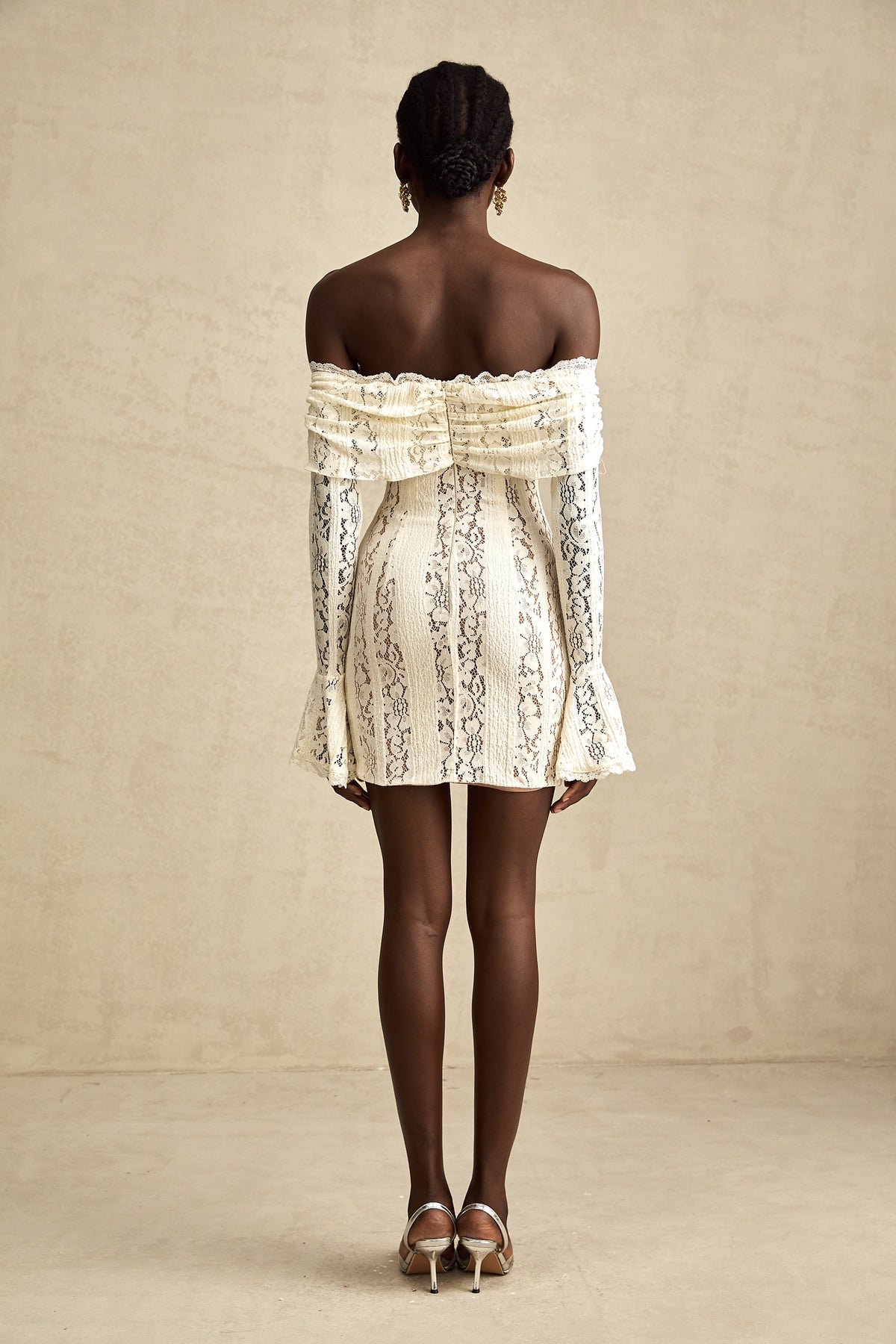 Émeline floral lace flared-cuff mini dress in Neutrals