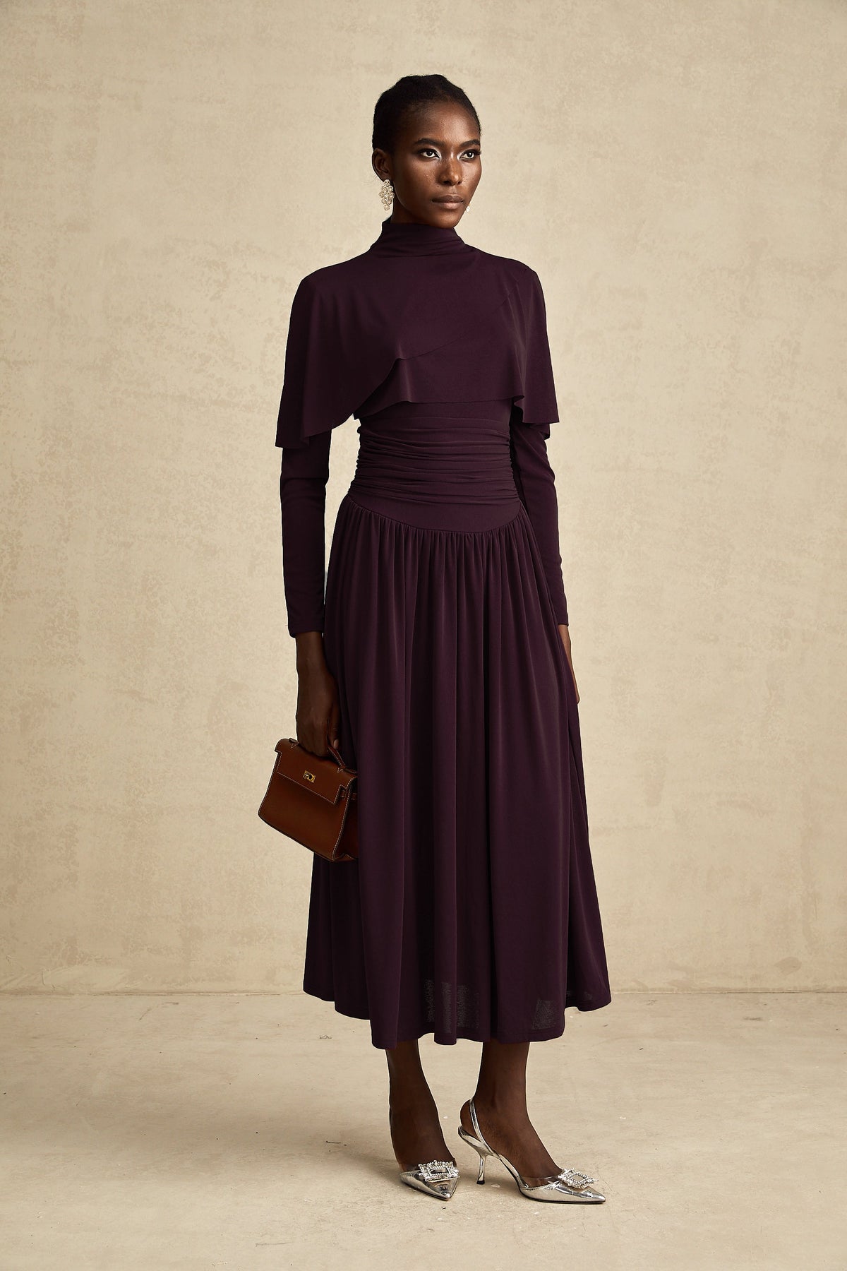 Camille Red Ruched Midi Dress with Flap Design Detail