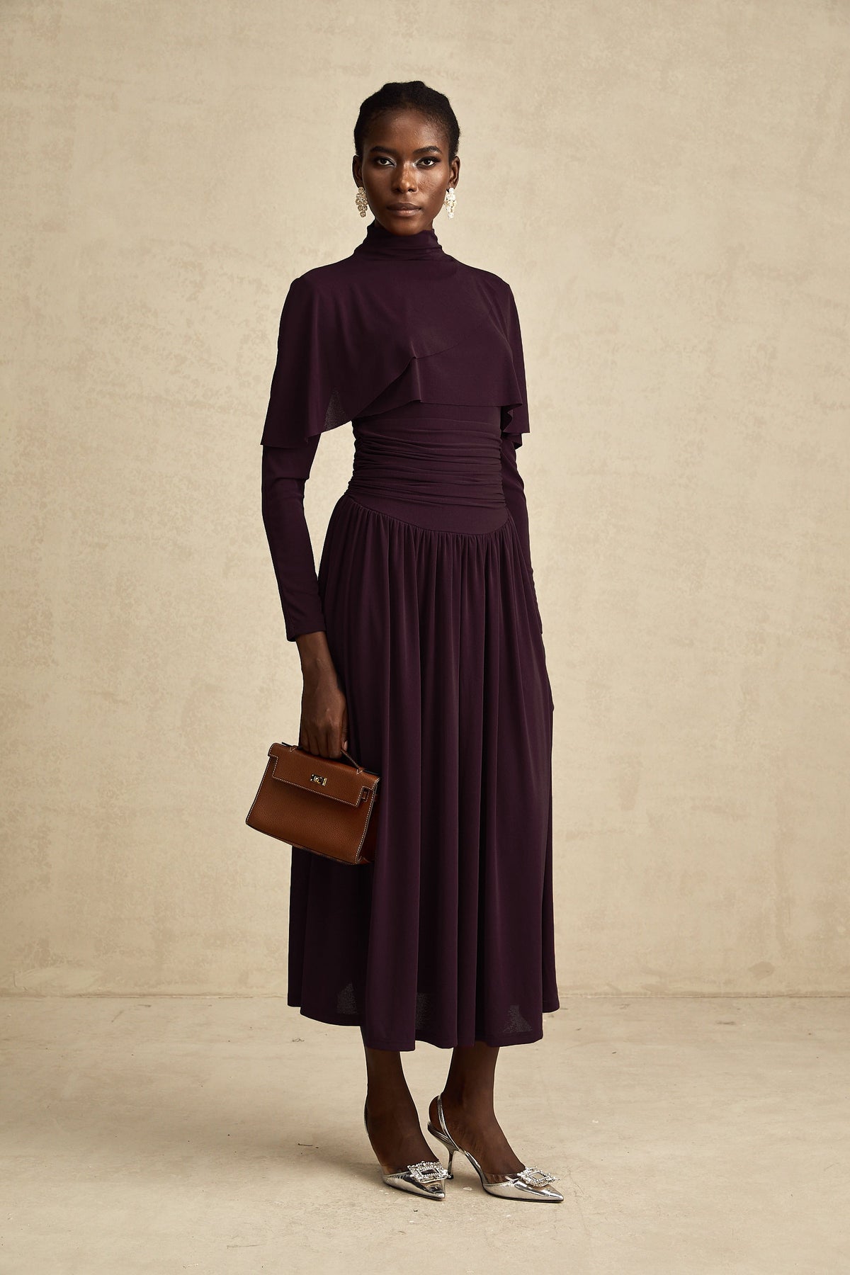 Camille Red Ruched Midi Dress with Flap Design Detail