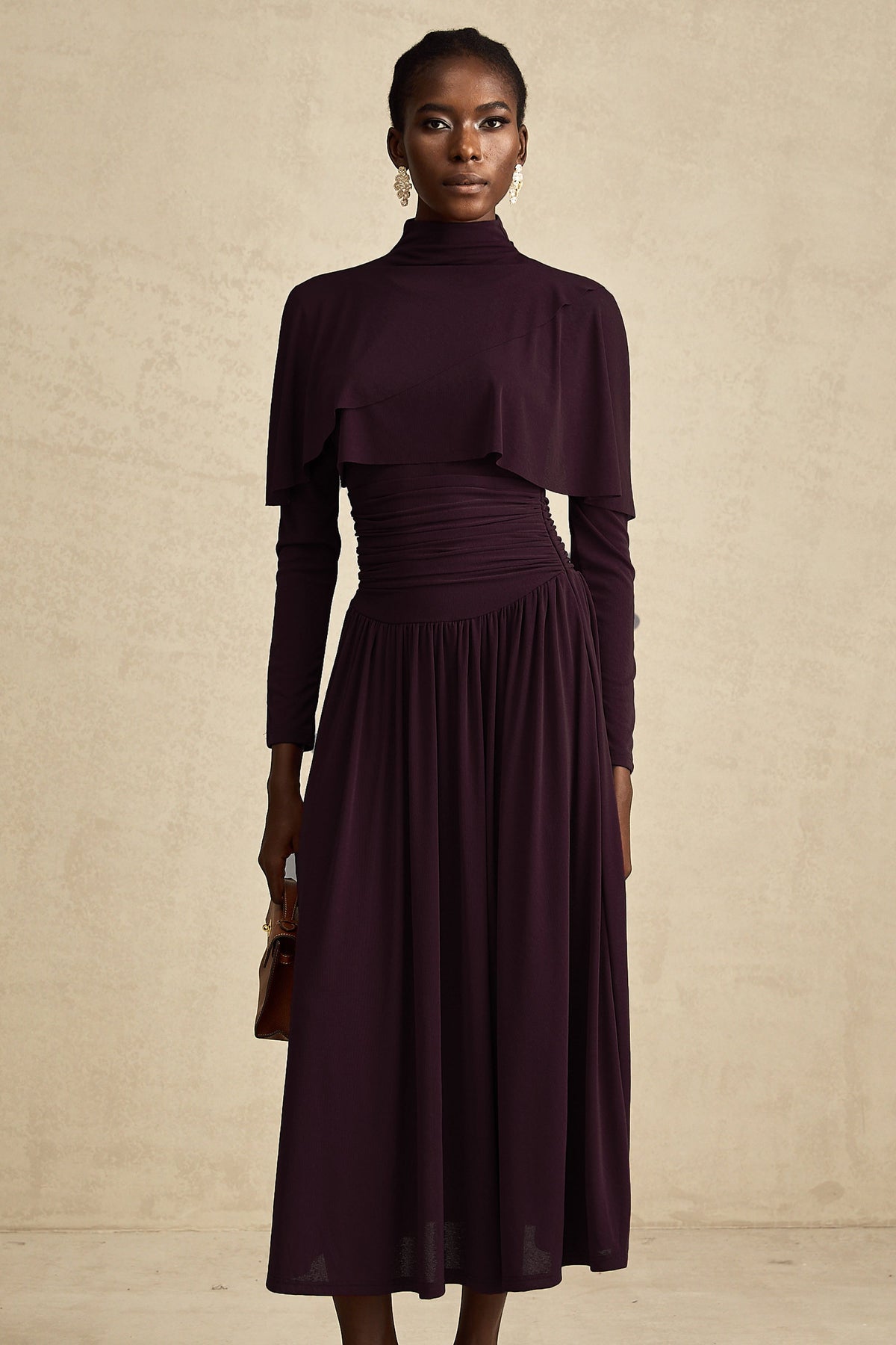 Camille Red Ruched Midi Dress with Flap Design Detail