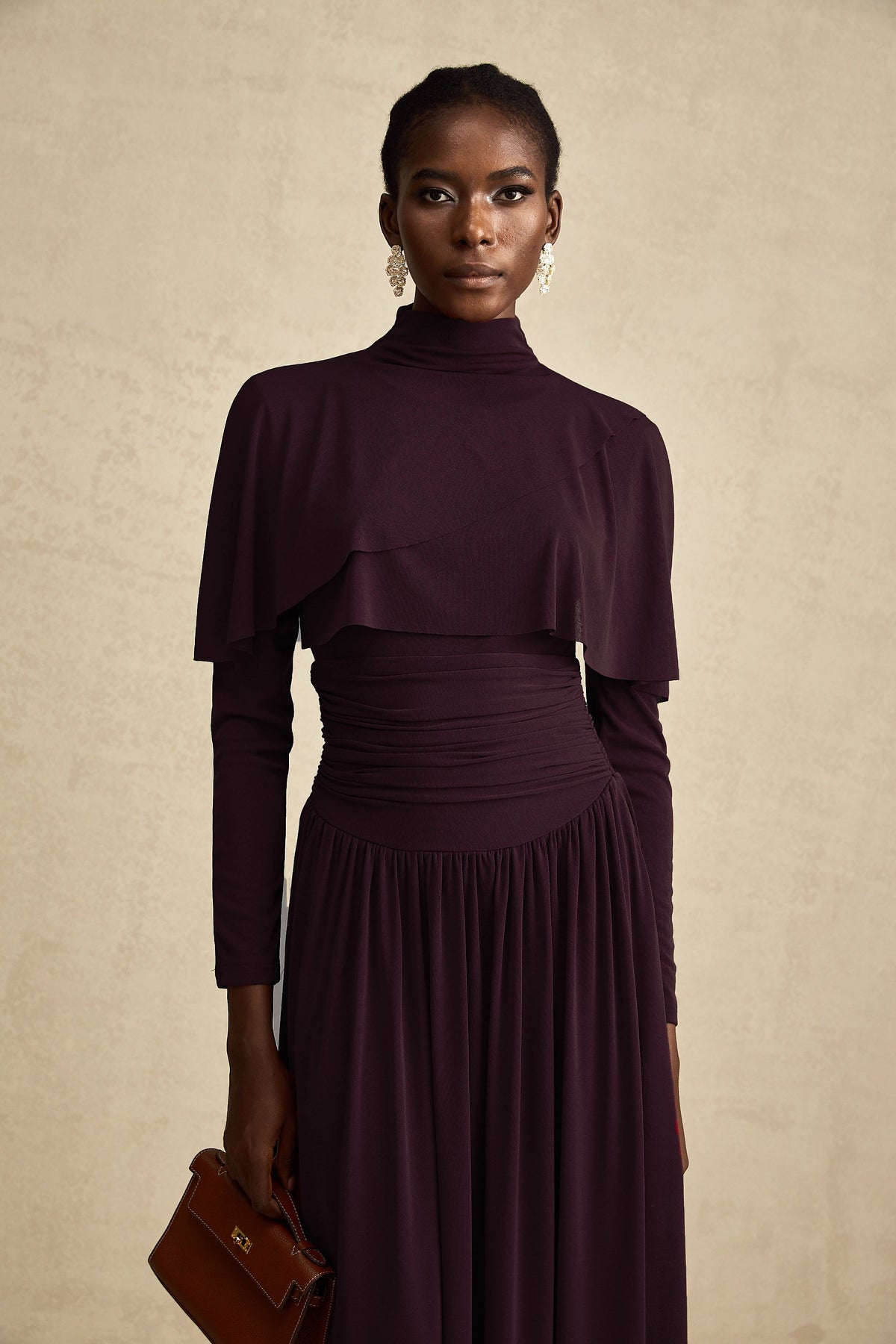 Camille Red Ruched Midi Dress with Flap Design Detail