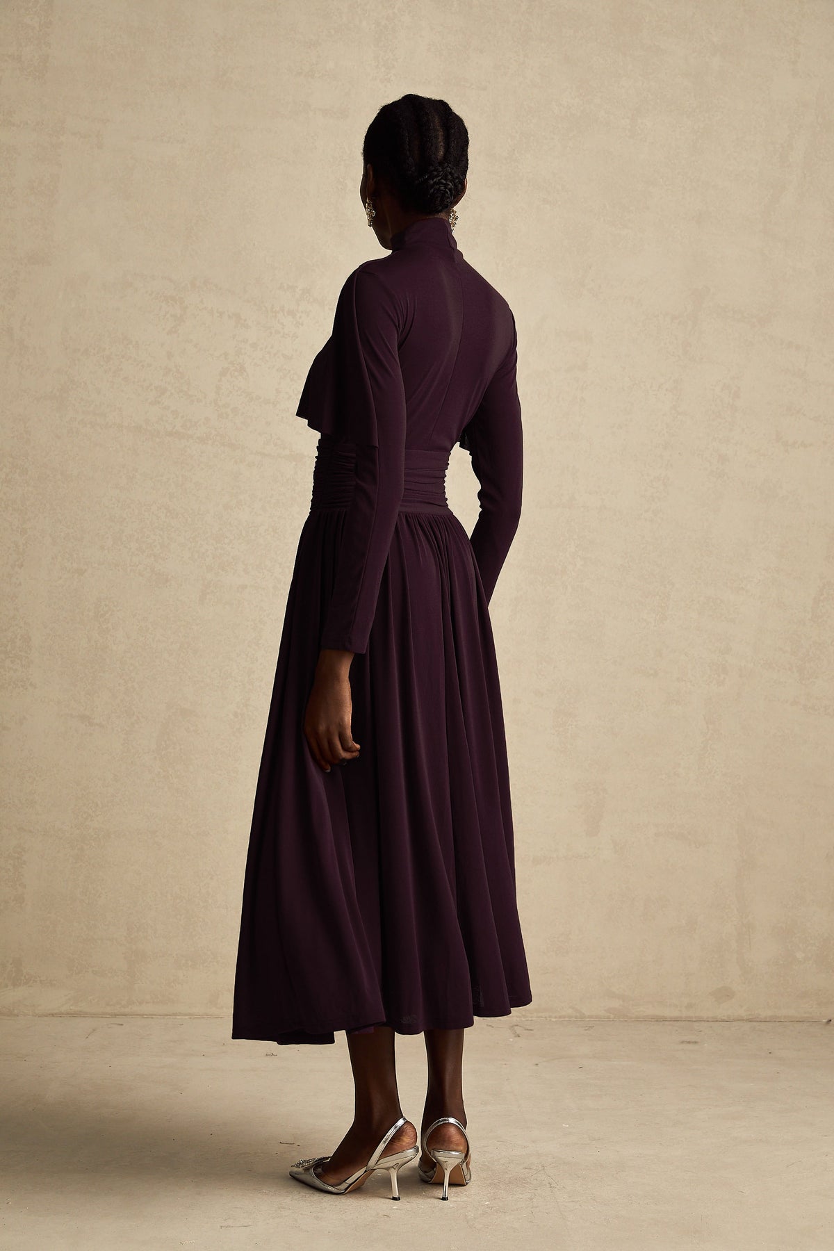 Camille Red Ruched Midi Dress with Flap Design Detail