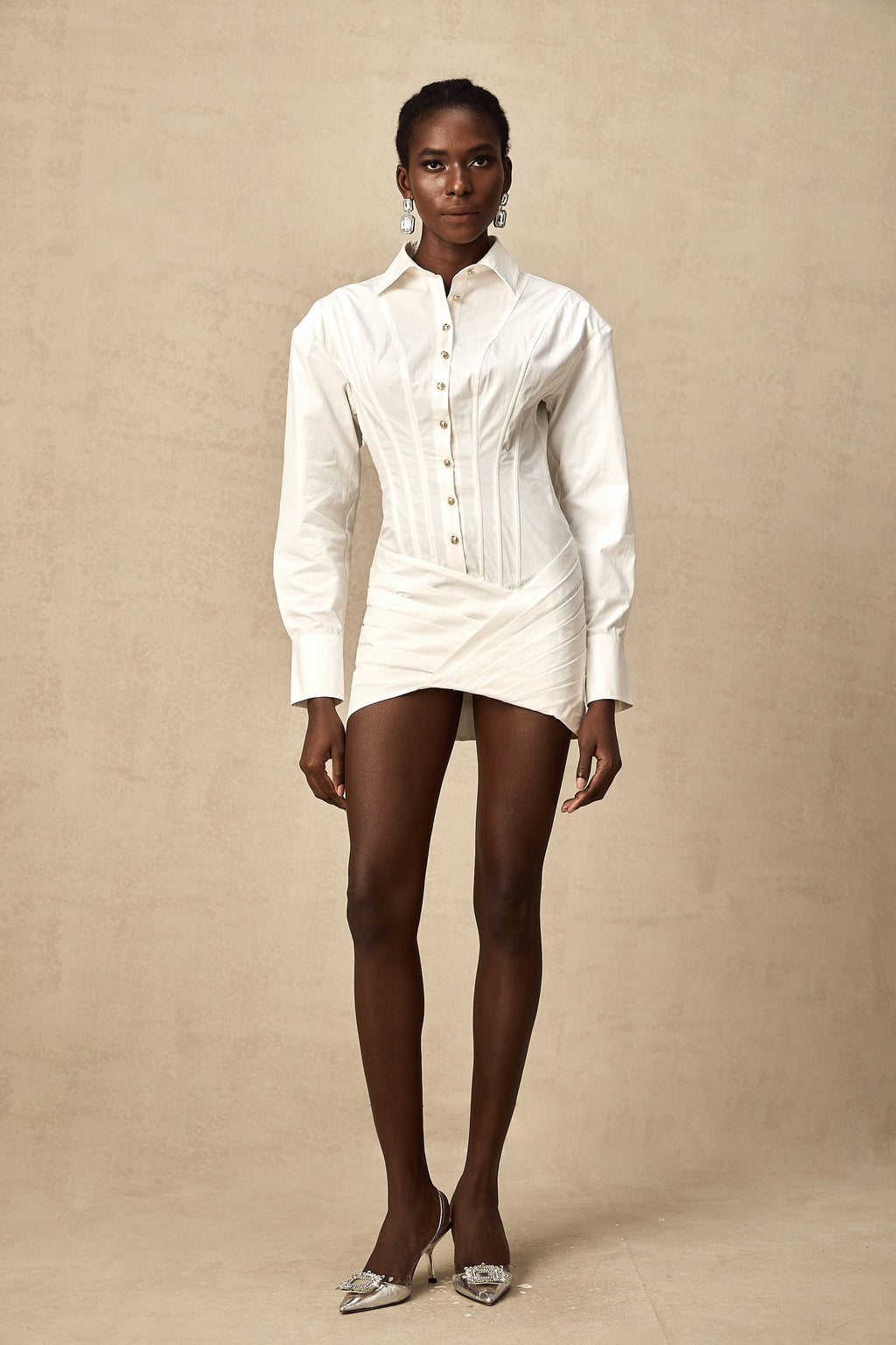 Orlane white cinched-waist pleated mini shirt dress