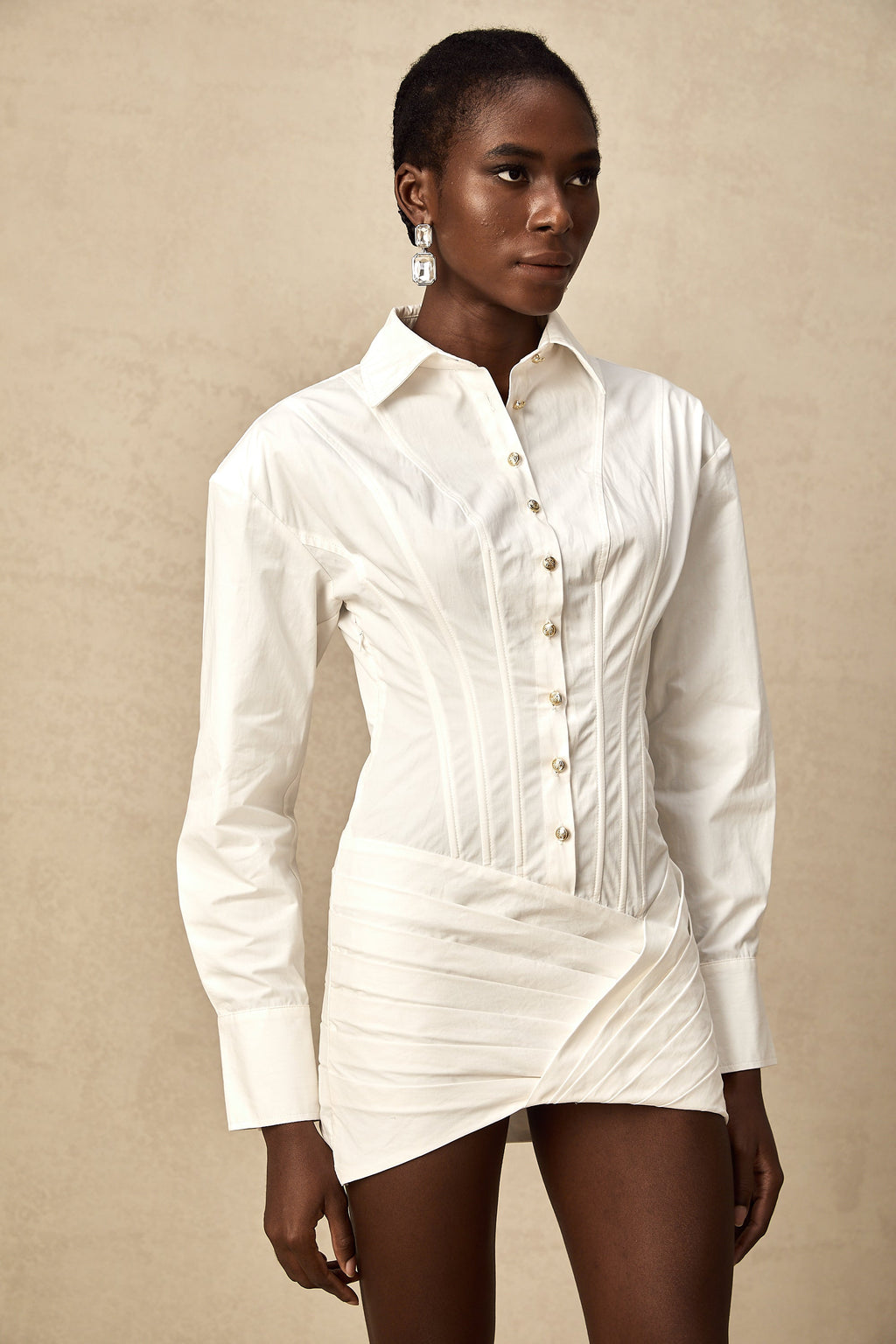 Orlane white cinched-waist pleated mini shirt dress