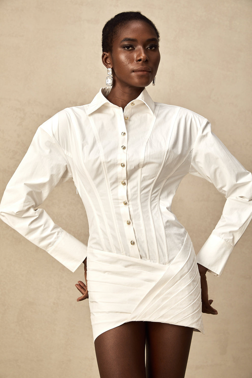 Orlane white cinched-waist pleated mini shirt dress