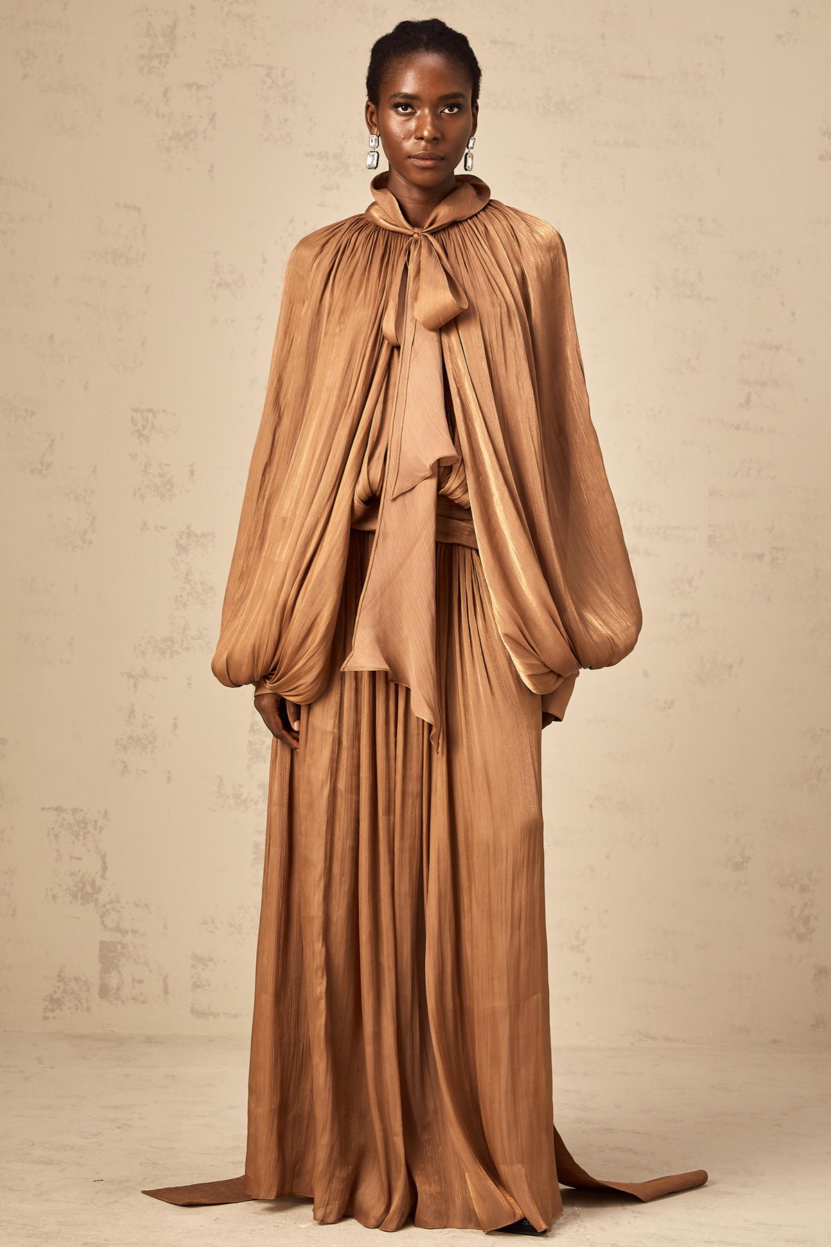 Mila Brown Pleated Satin Maxi Dress