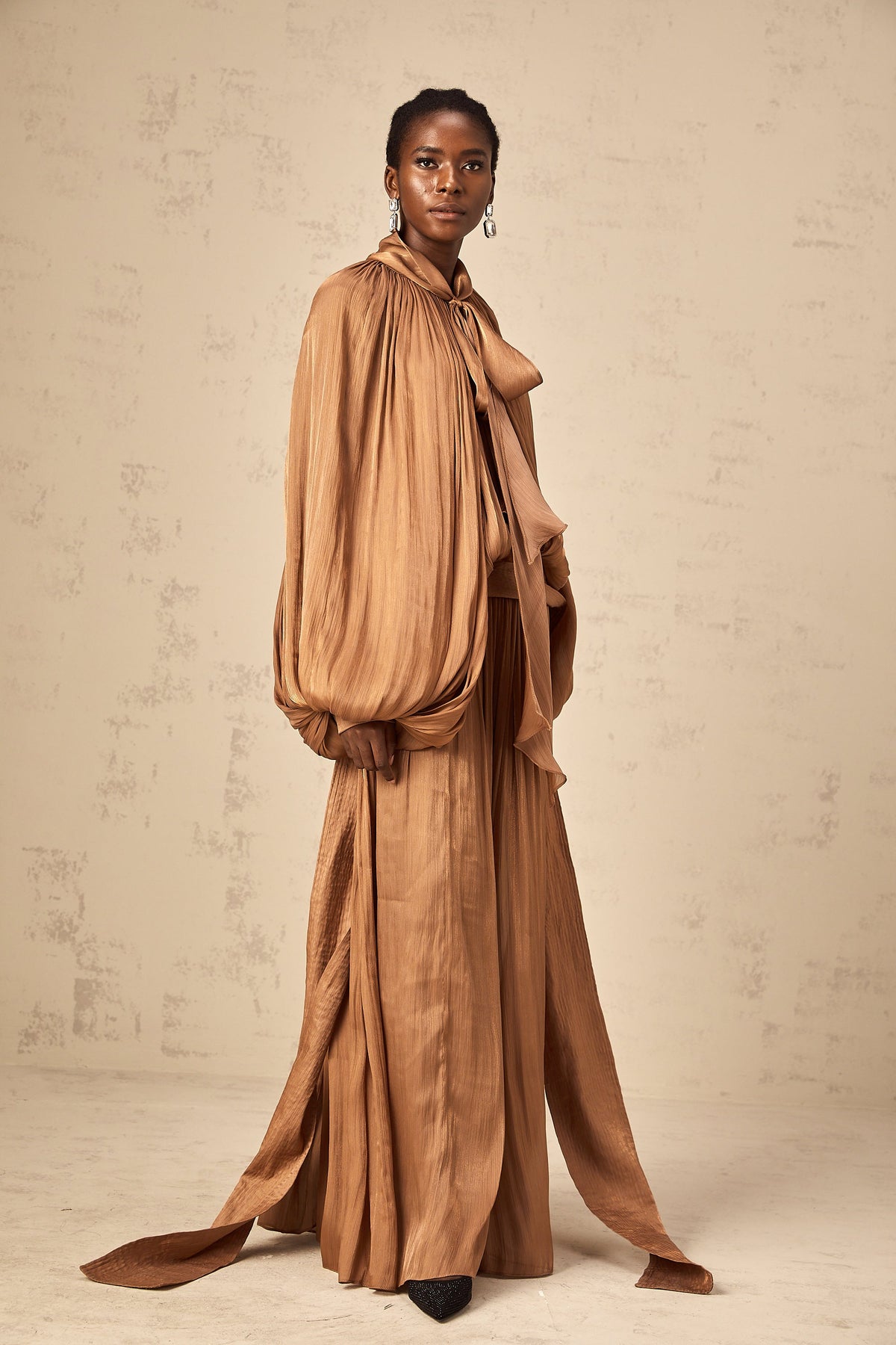 Mila Brown Pleated Satin Maxi Dress