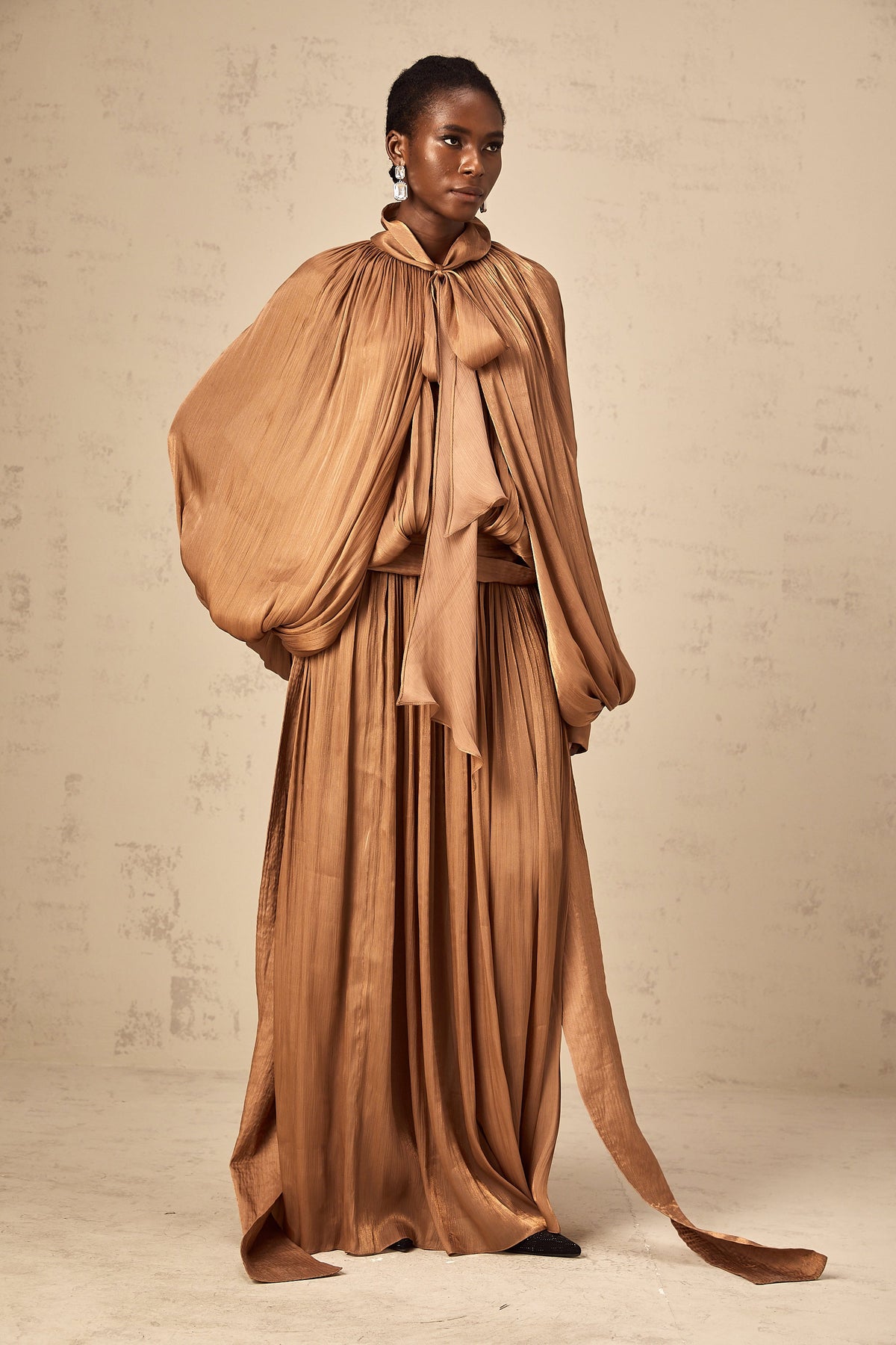 Mila Brown Pleated Satin Maxi Dress