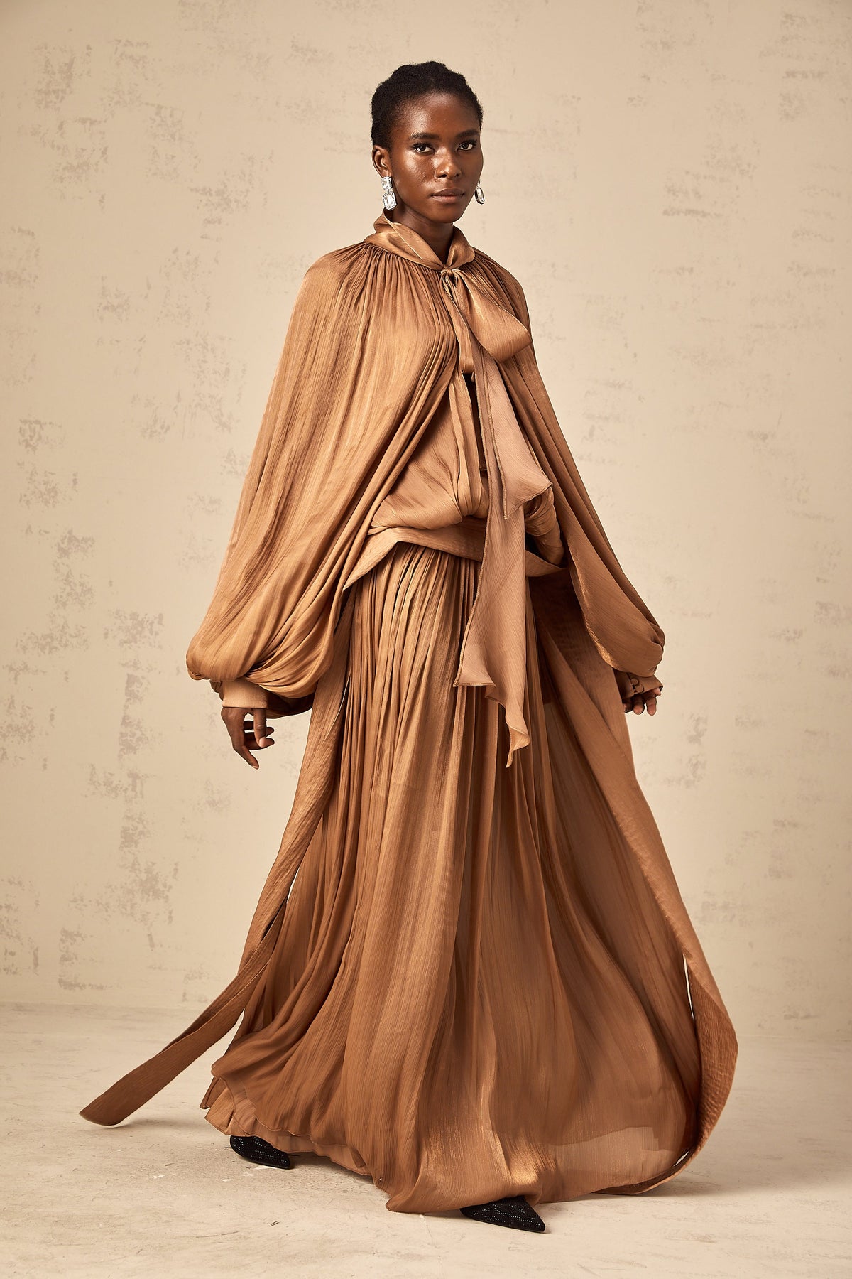 Mila Brown Pleated Satin Maxi Dress