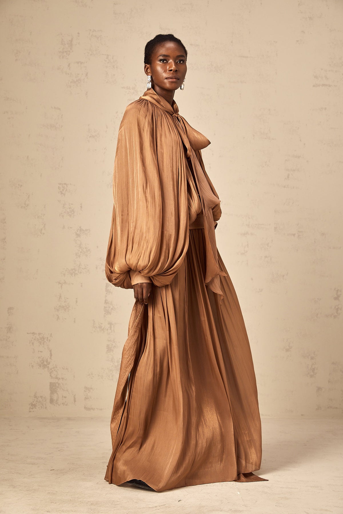Mila Brown Pleated Satin Maxi Dress