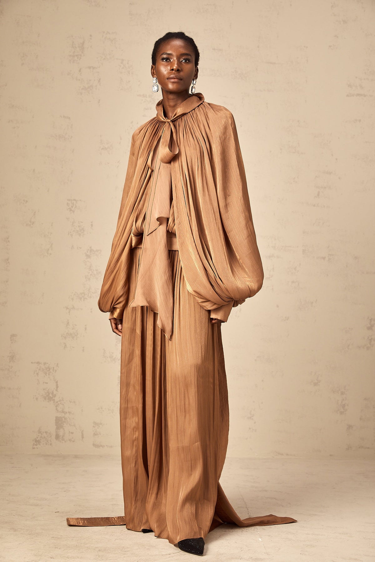 Mila Brown Pleated Satin Maxi Dress