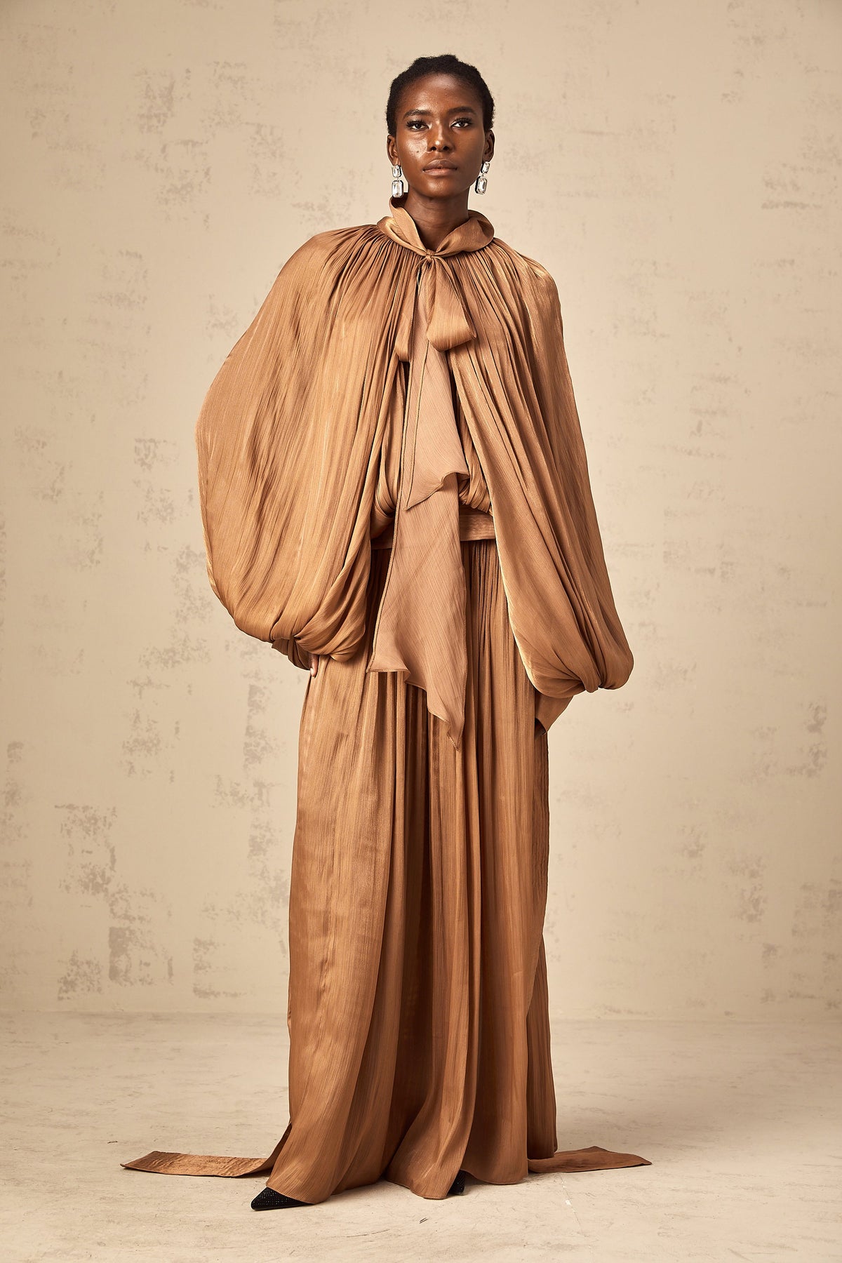 Mila Brown Pleated Satin Maxi Dress
