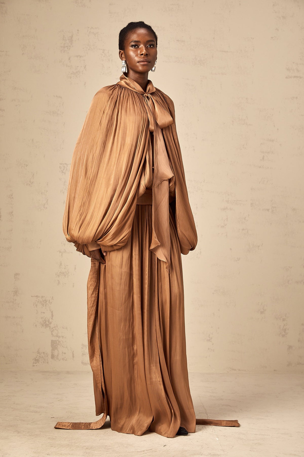 Mila Brown Pleated Satin Maxi Dress