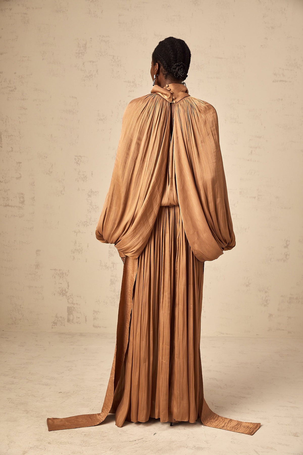 Mila Brown Pleated Satin Maxi Dress