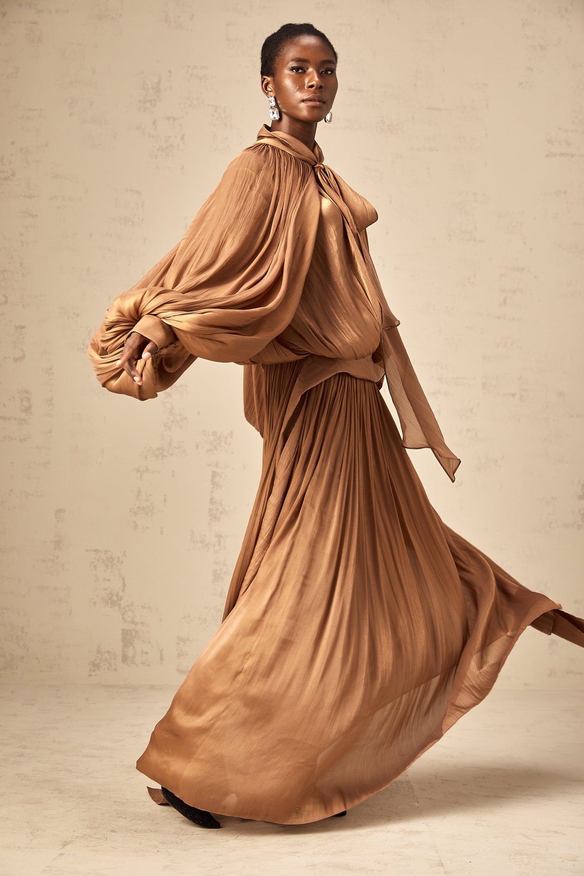 Mila Brown Pleated Satin Maxi Dress