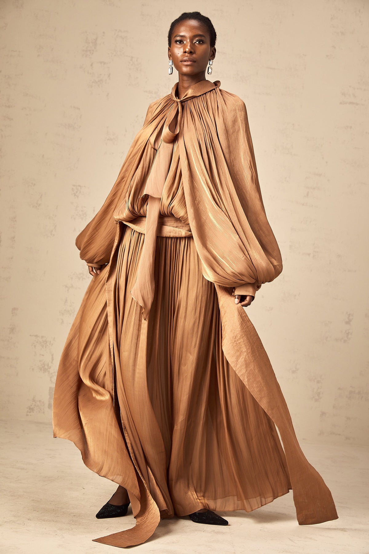 Mila Brown Pleated Satin Maxi Dress