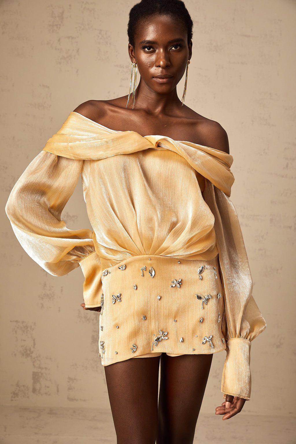 Adelina gold crystal-embellished panelled mini dress