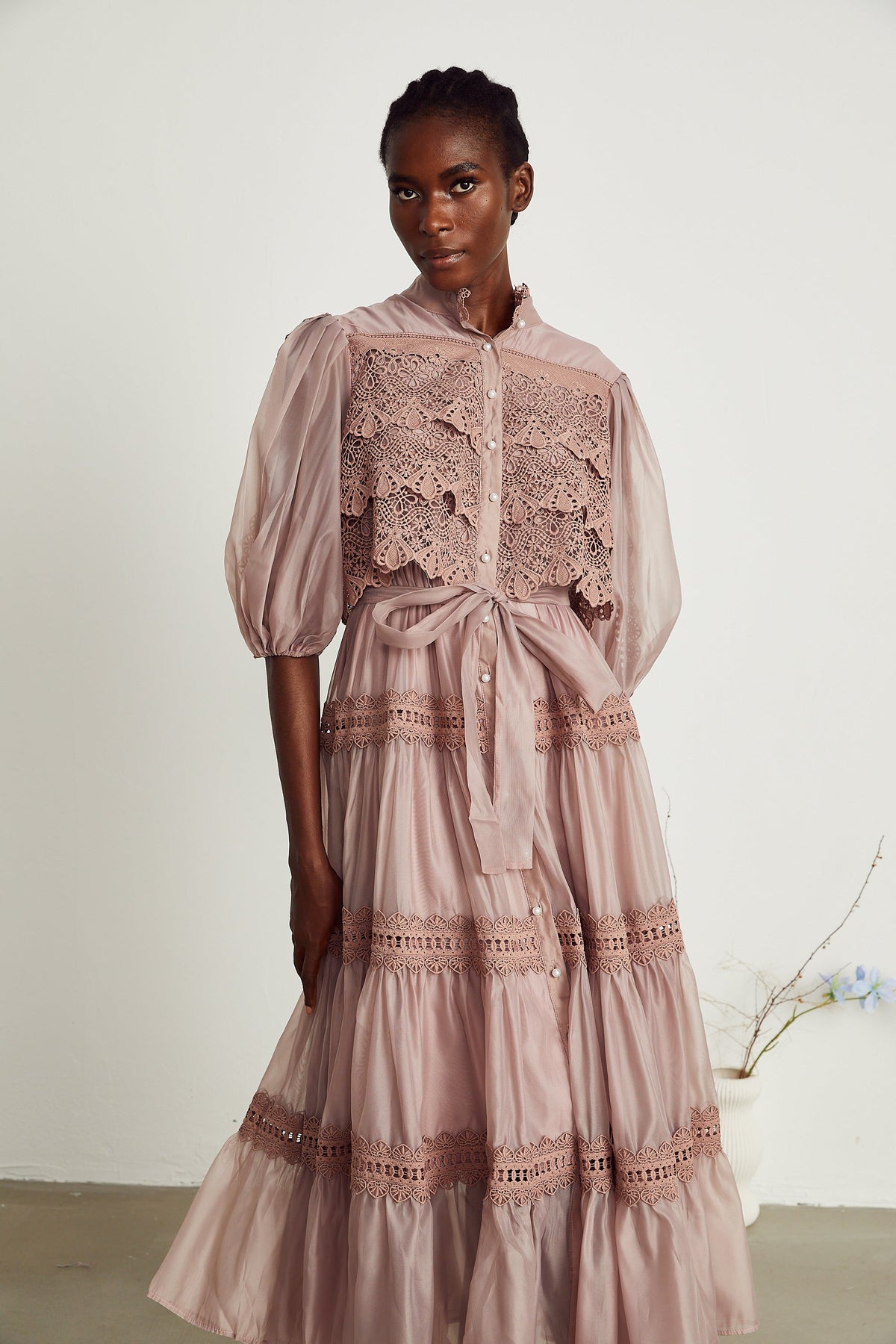 Inès lace cut-out tiered midi dress