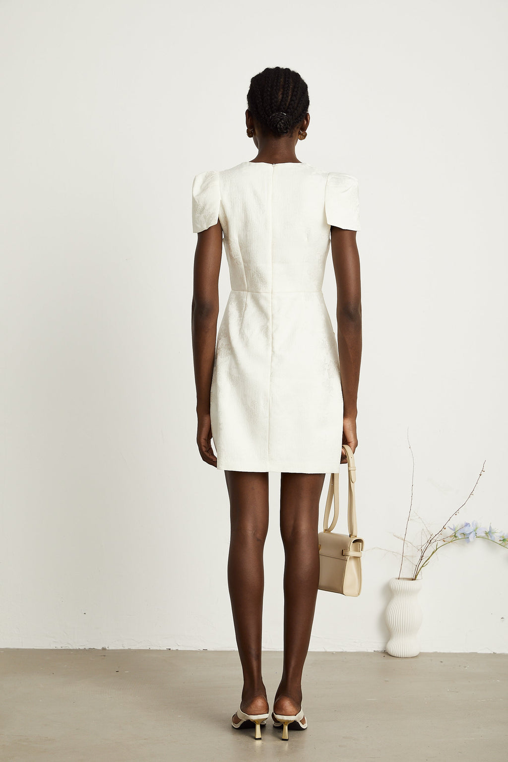 Coralie white petal-detail buttoned mini dress