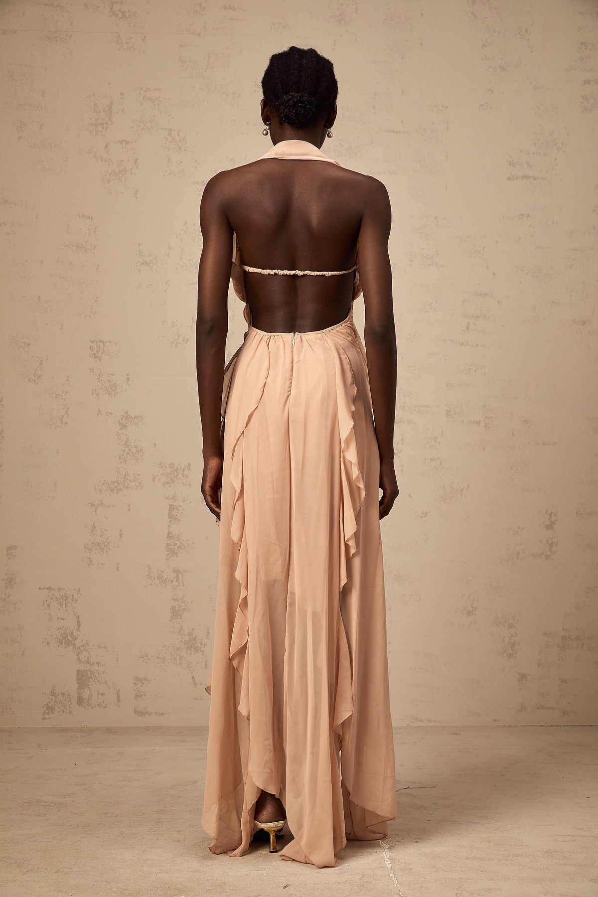 Mariah Pink Chiffon Ruffle Halterneck Maxi Dress