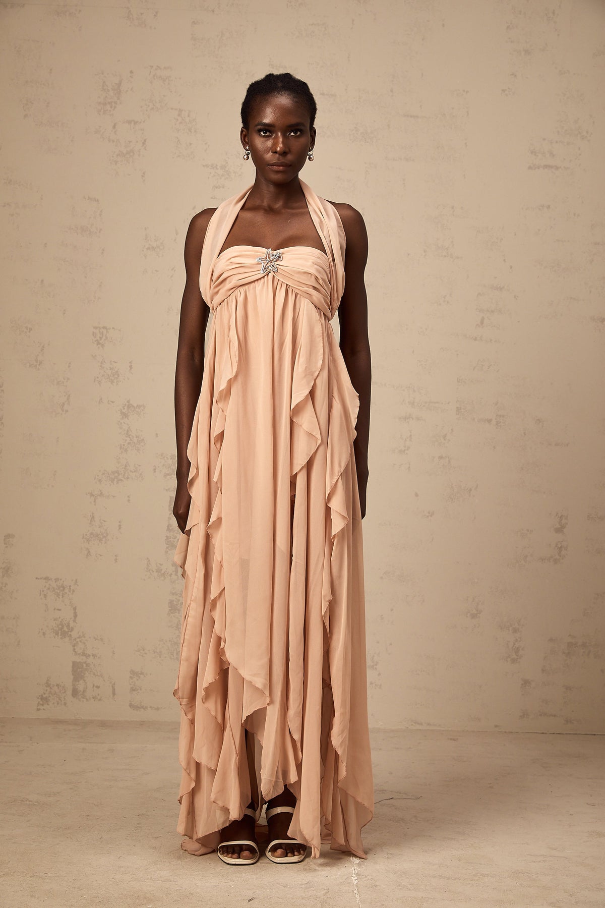 Mariah Pink Chiffon Ruffle Halterneck Maxi Dress