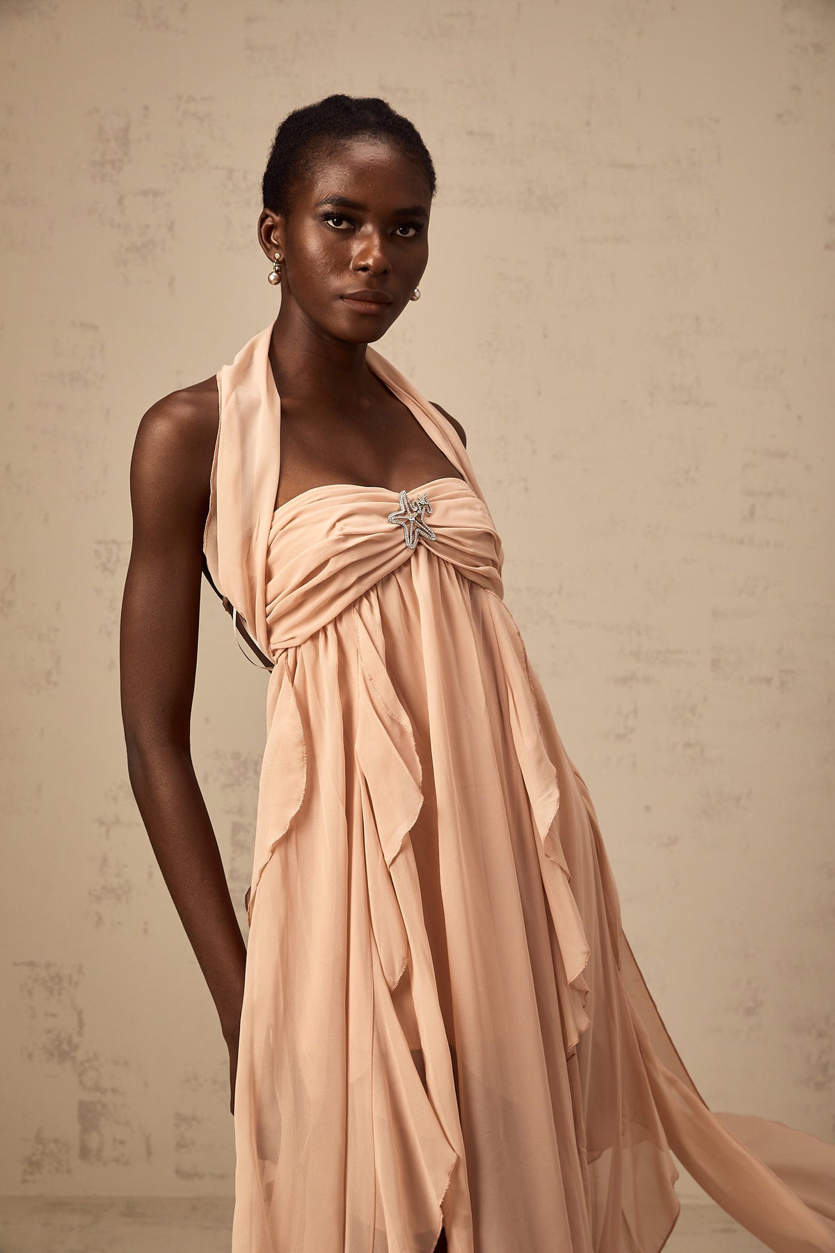 Mariah Pink Chiffon Ruffle Halterneck Maxi Dress