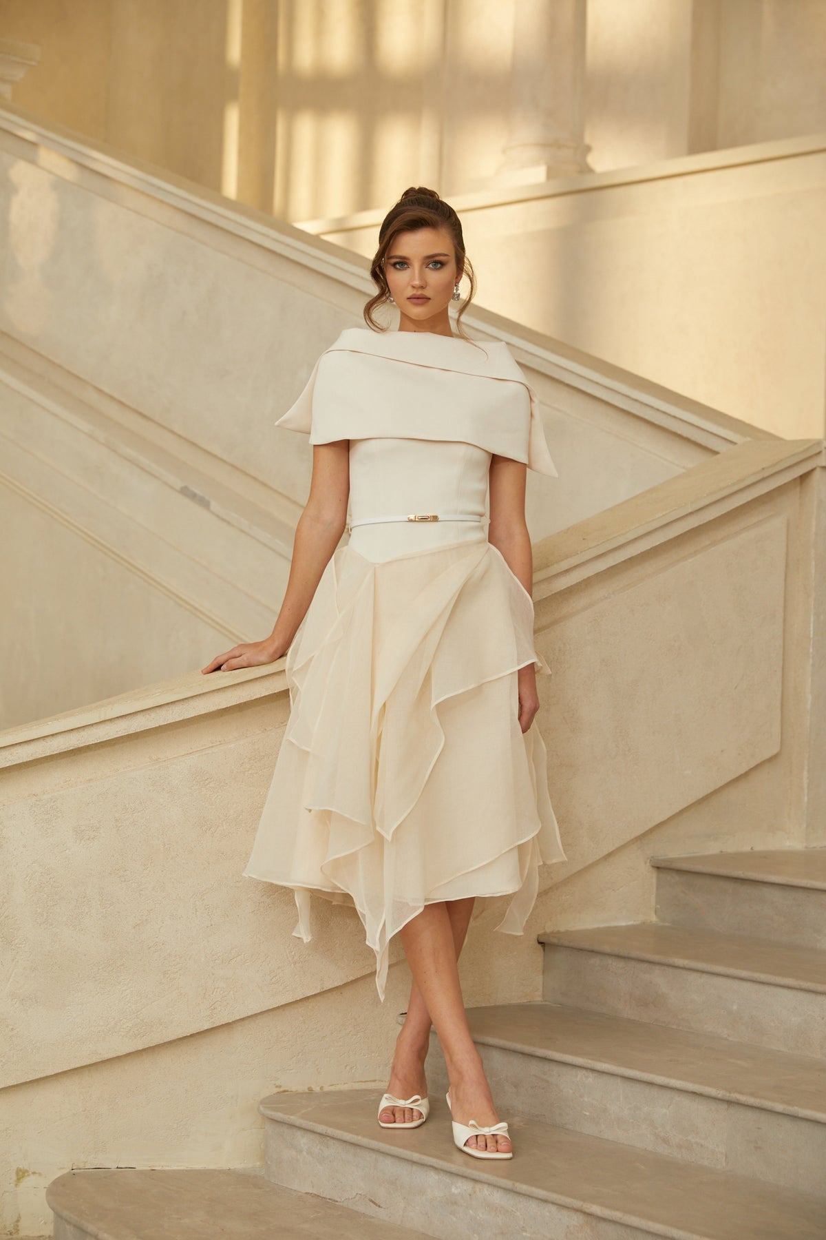 Aria White Asymmetrical Shawl & Tulle Panel Dress Set