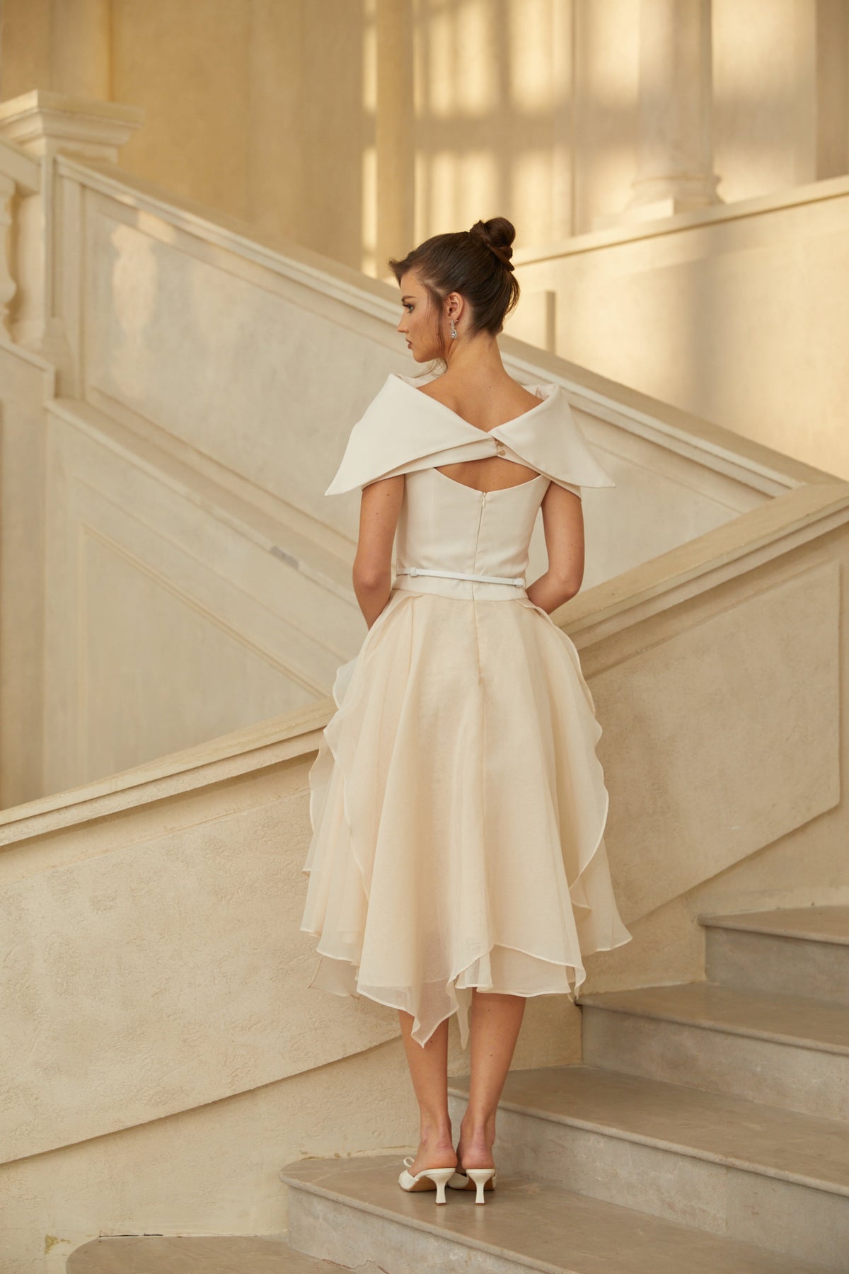 Aria White Asymmetrical Shawl & Tulle Panel Dress Set