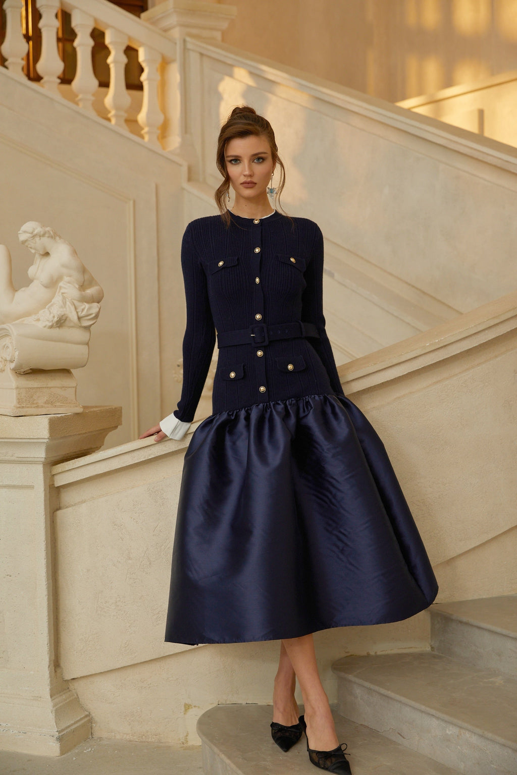 Fern Navy Blue Satin Panel Knit Midi Dress