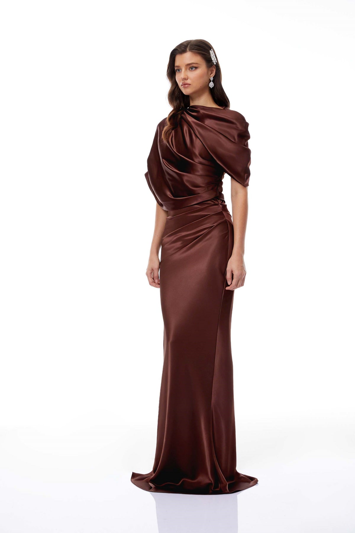 Luisa Brown Asymmetrical Gathered Satin Maxi Dress