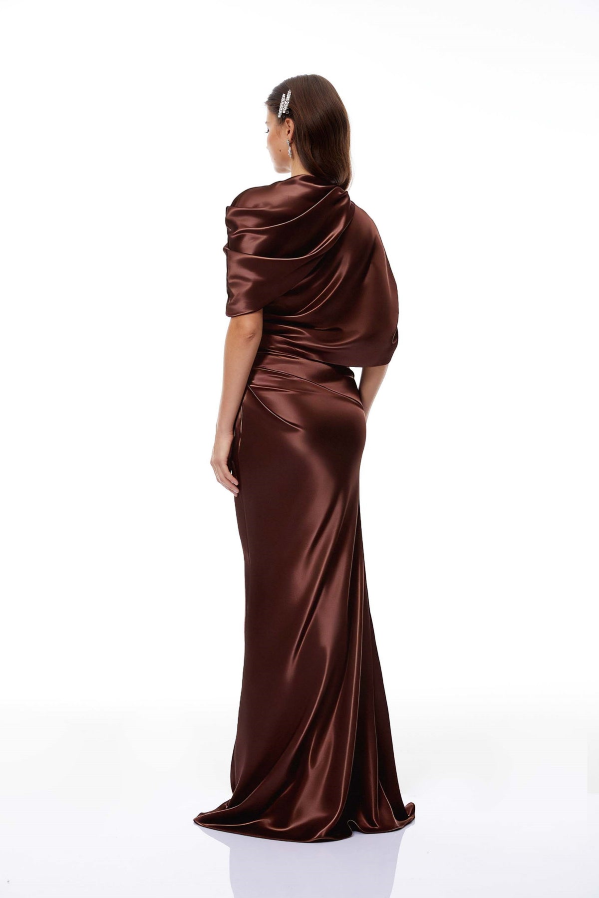 Luisa Brown Asymmetrical Gathered Satin Maxi Dress