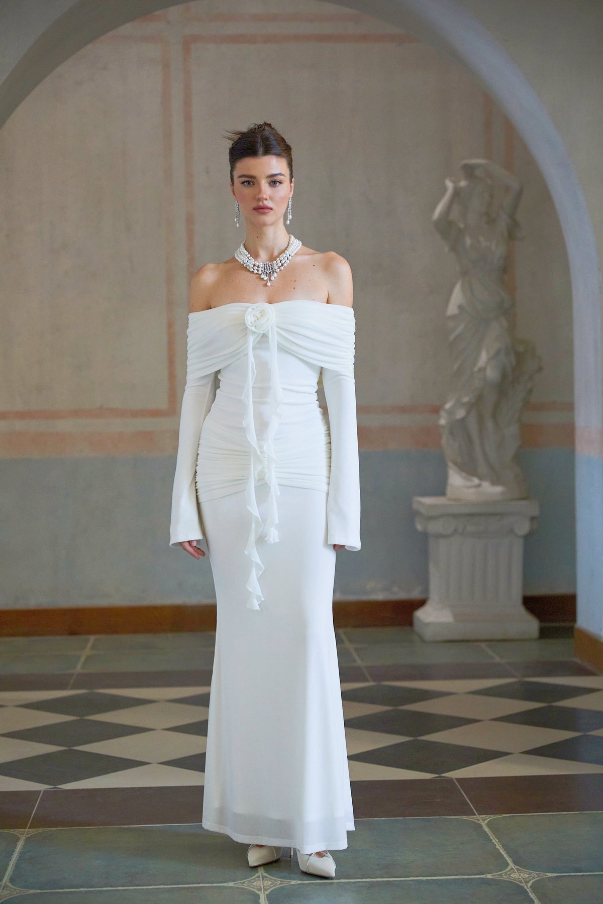 Wanda white glittered floral-appliqué knit maxi dress