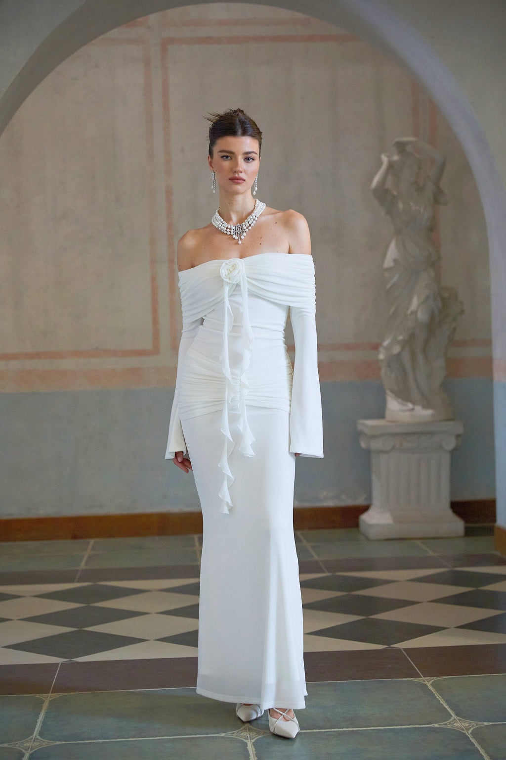 Wanda white glittered floral-appliqué knit maxi dress