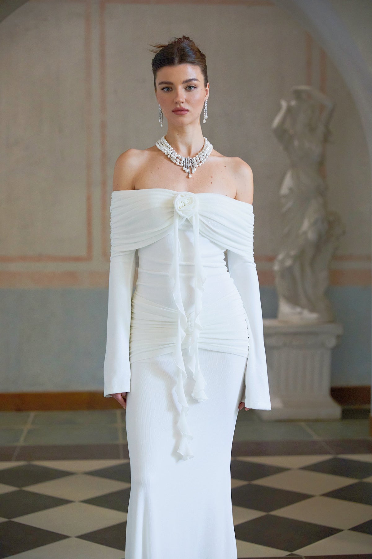 Wanda white glittered floral-appliqué knit maxi dress