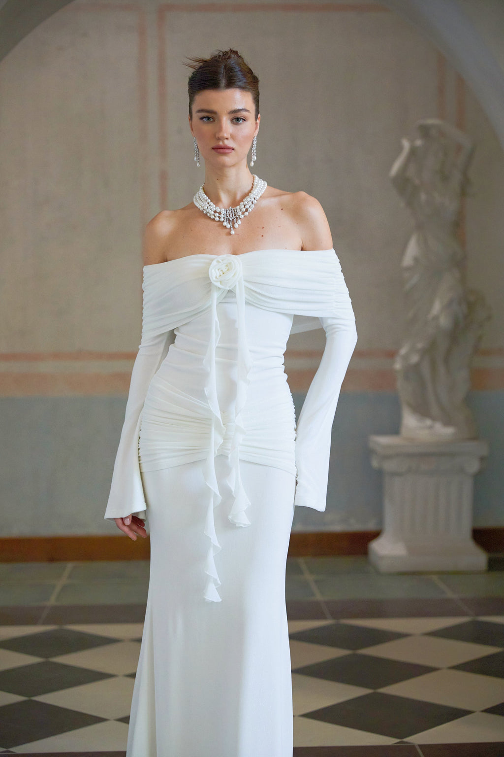 Wanda white glittered floral-appliqué knit maxi dress