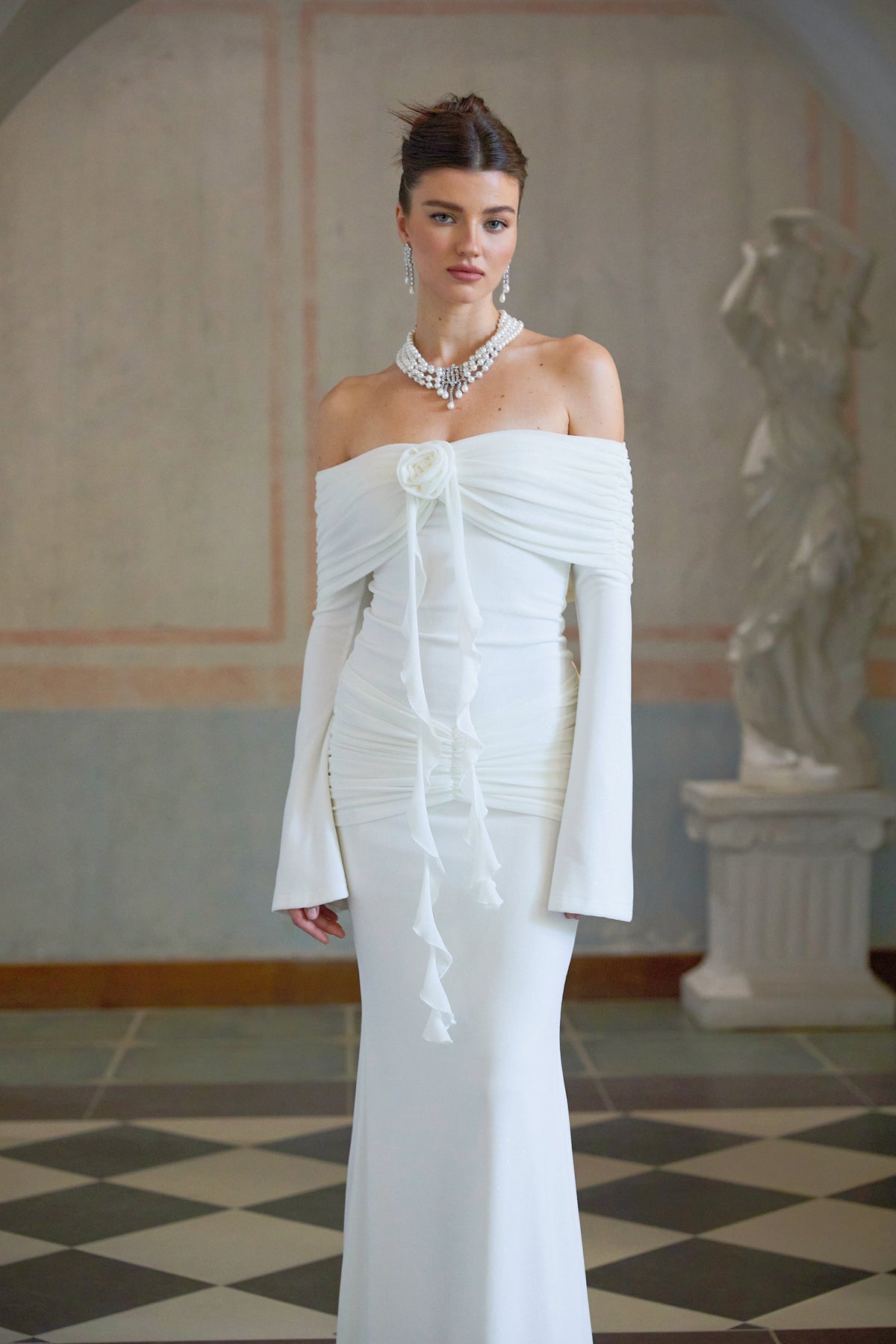 Wanda white glittered floral-appliqué knit maxi dress