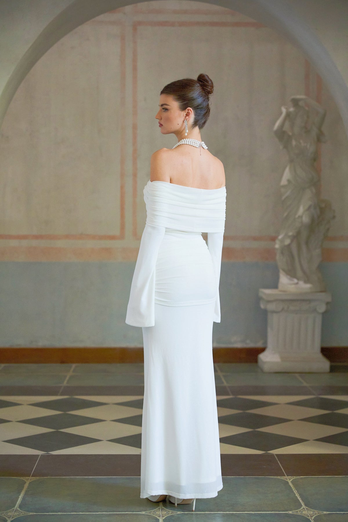 Wanda white glittered floral-appliqué knit maxi dress