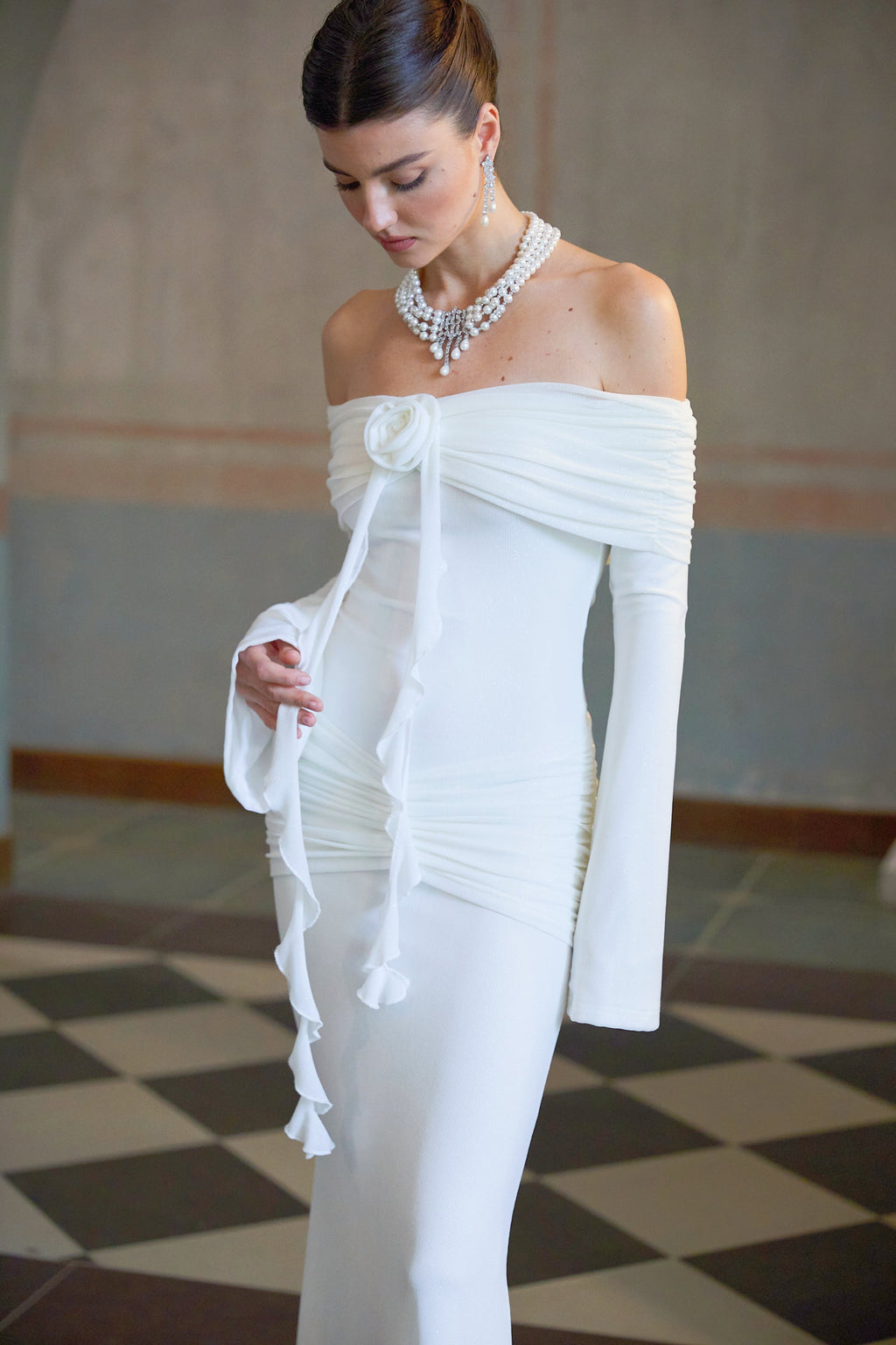 Wanda white glittered floral-appliqué knit maxi dress